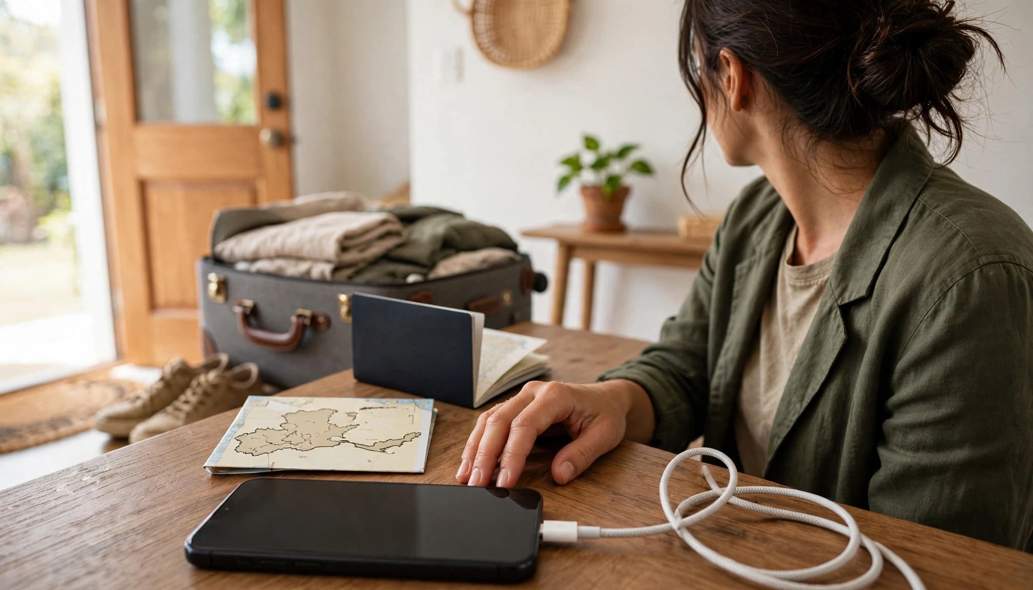 Traveler prepares a smartphone beside a passport, suitcase, cable, and Thailand map.