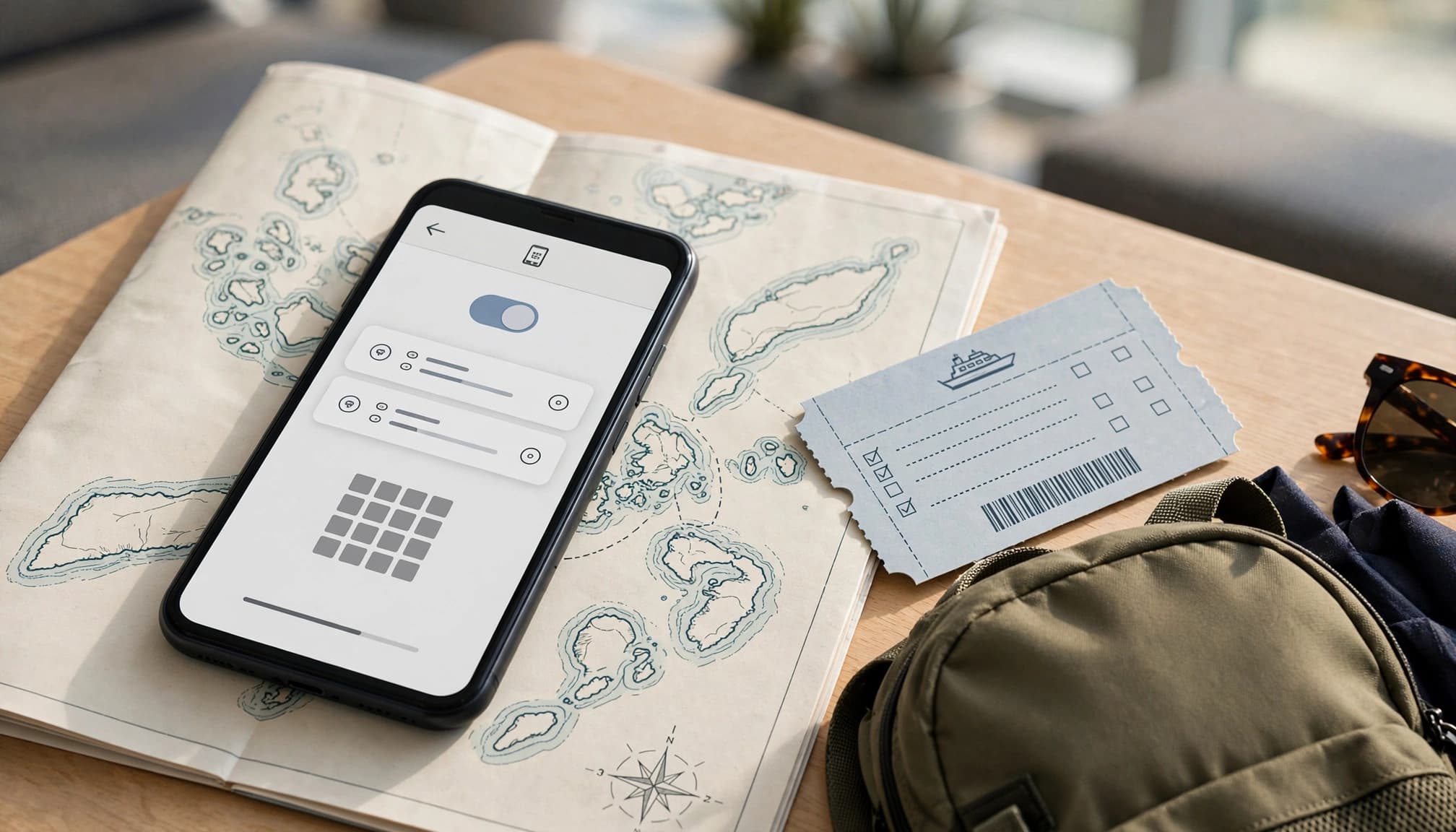 A smartphone with an eSIM screen beside a Thai map, ferry ticket, and backpack.