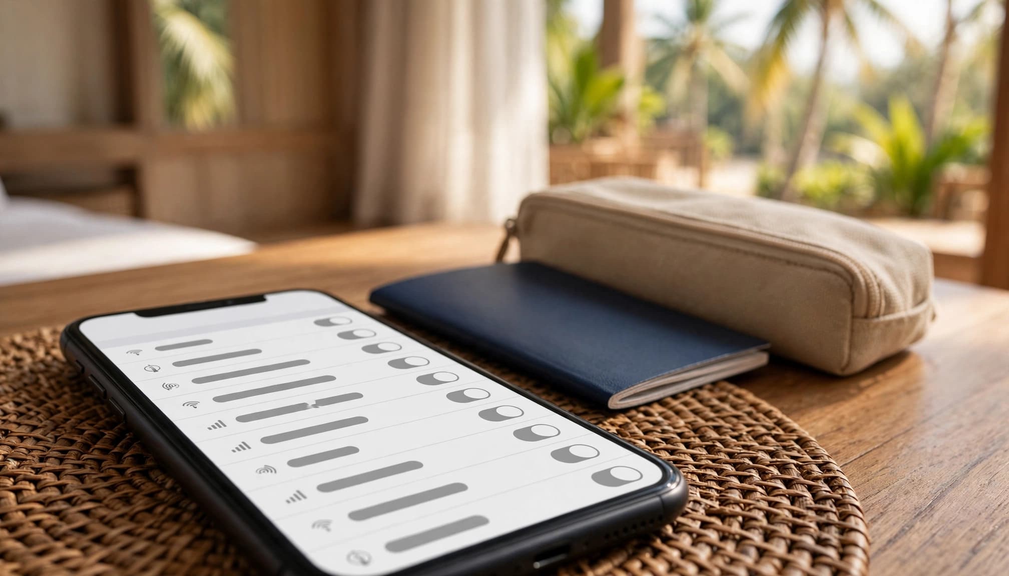 A smartphone with cellular settings beside a passport and travel pouch in a sunny hotel room.