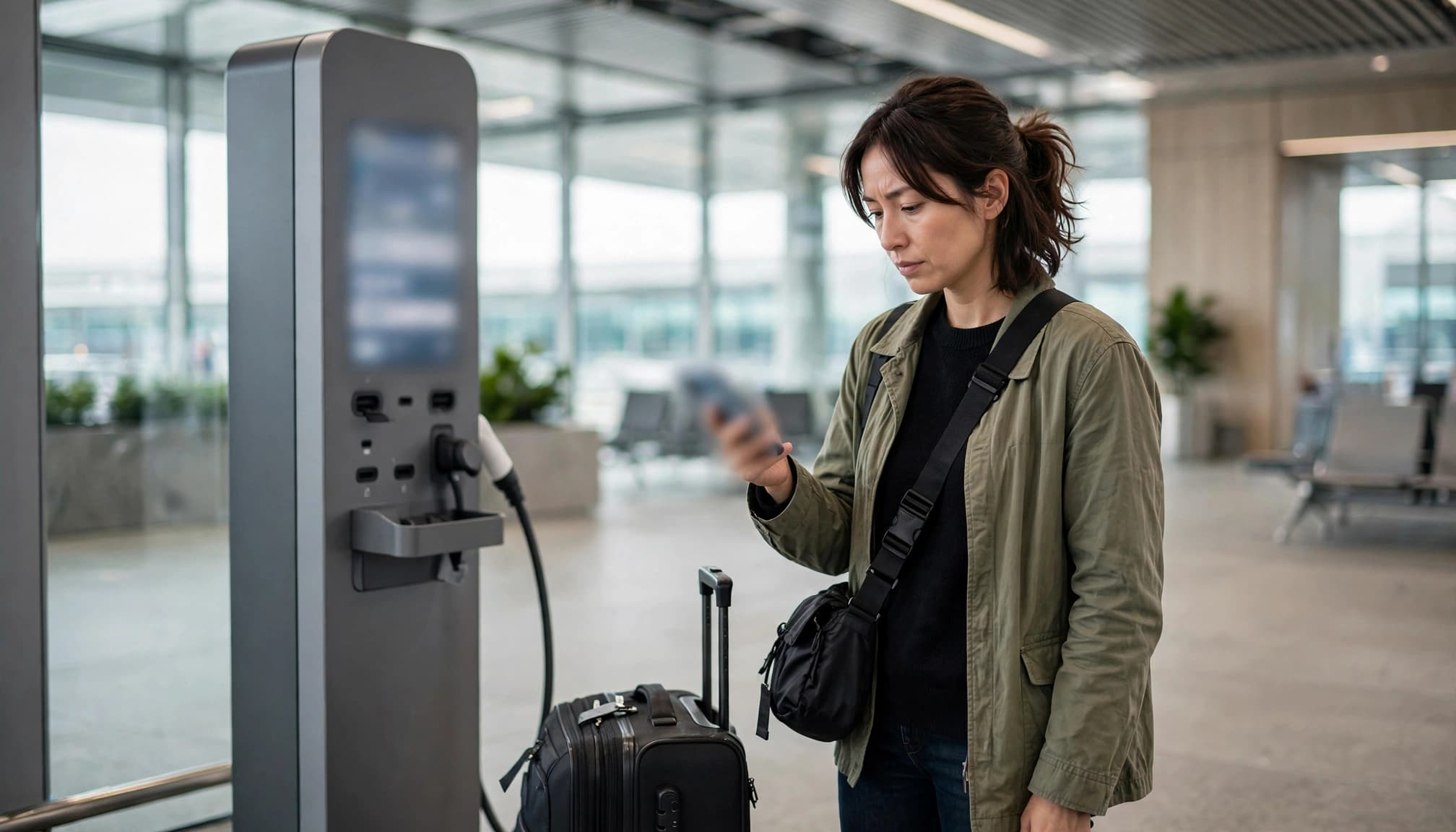 Traveler checks a smartphone beside an airport charging station with a suitcase nearby.
