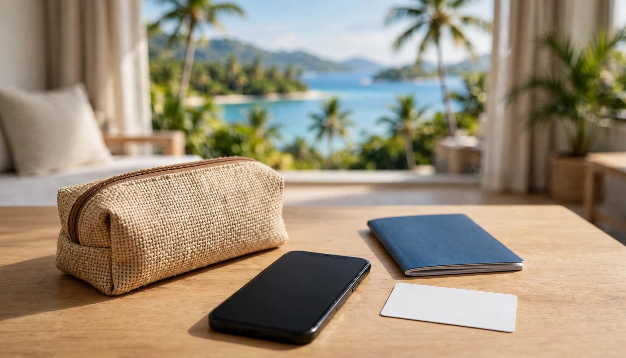 An iPhone, passport, travel pouch, and data-plan card on a sunny hotel table.