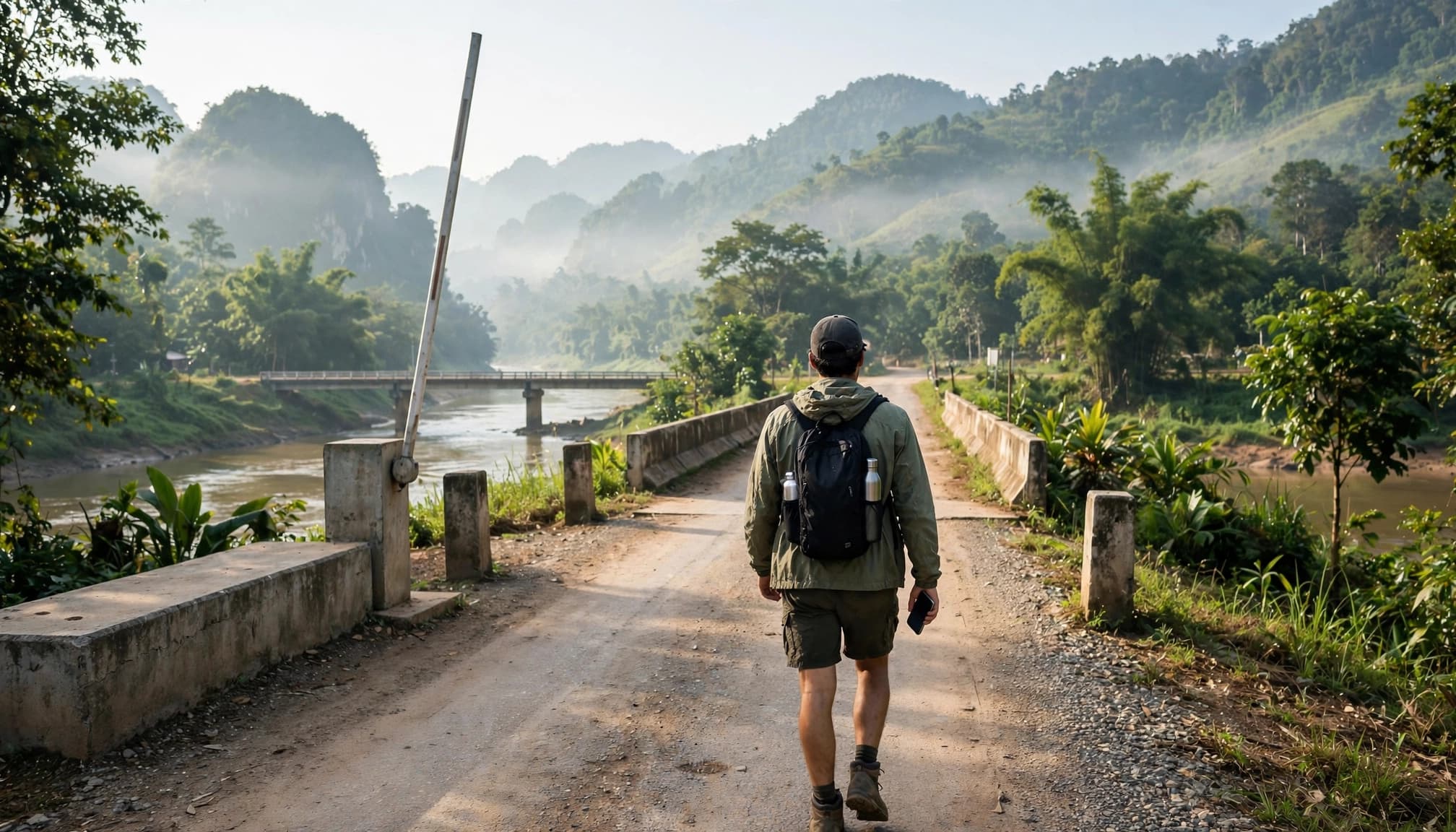Traveler with a backpack walking toward a Thailand-Laos border crossing beside a river.