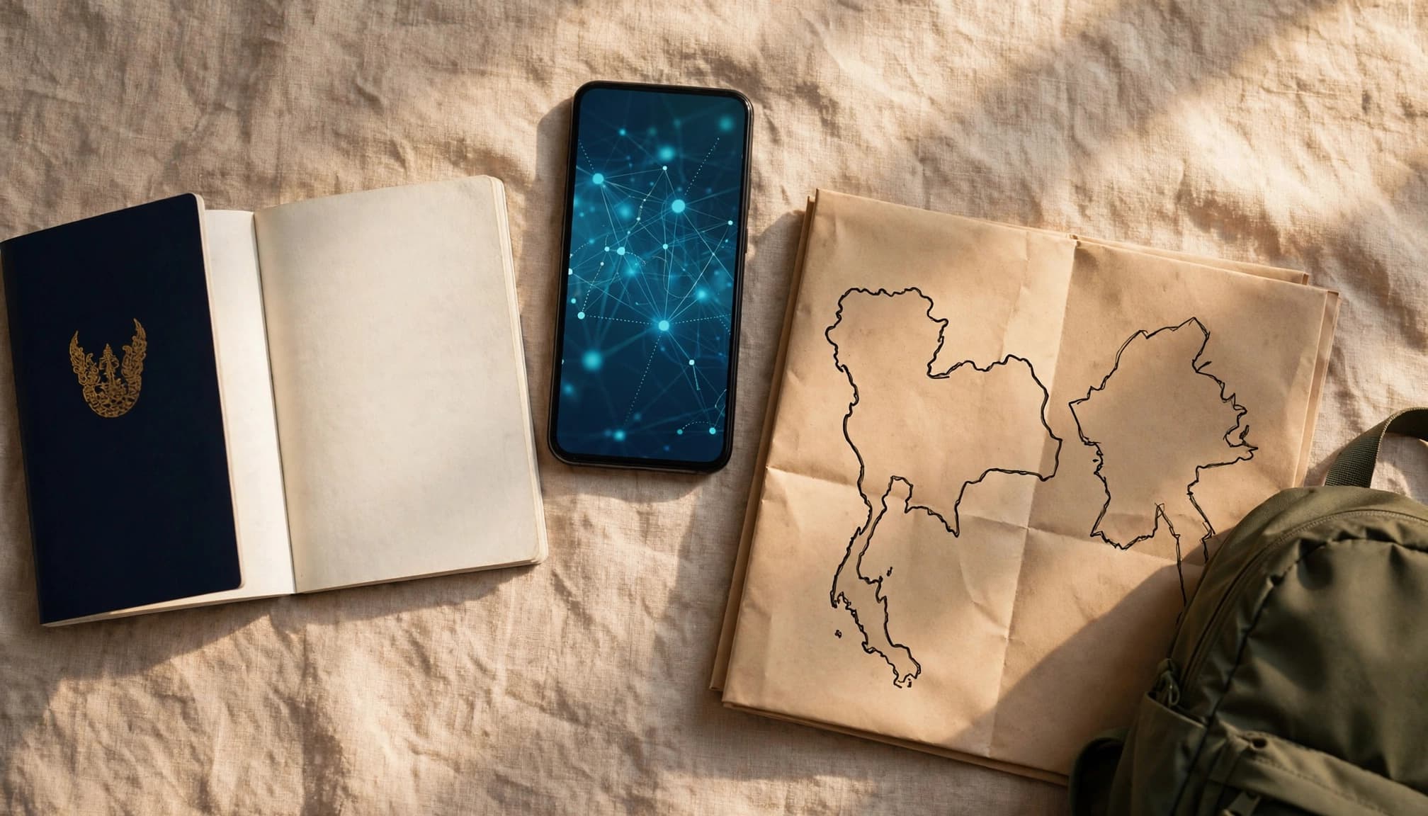 Passport, phone, backpack, and folded map arranged for a Thailand and Laos trip.