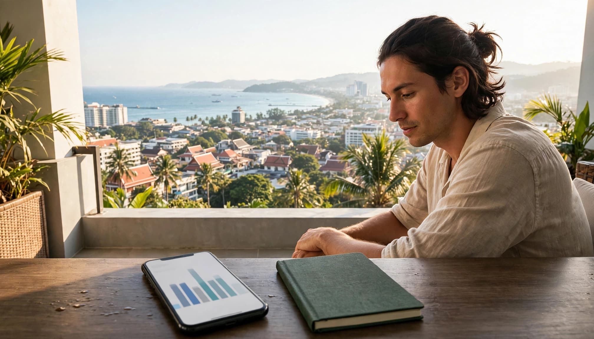 Traveler planning mobile data with a phone and notebook on a balcony overlooking Thailand.