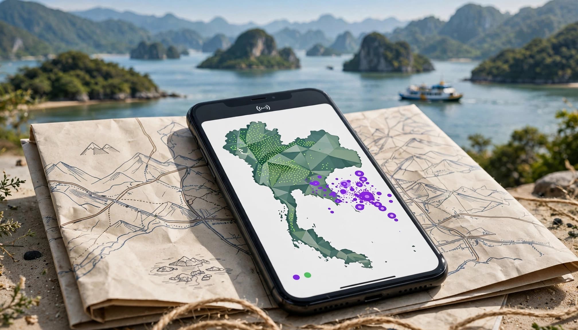 Smartphone showing Thailand coverage beside a folded map, islands, mountains, and a ferry.