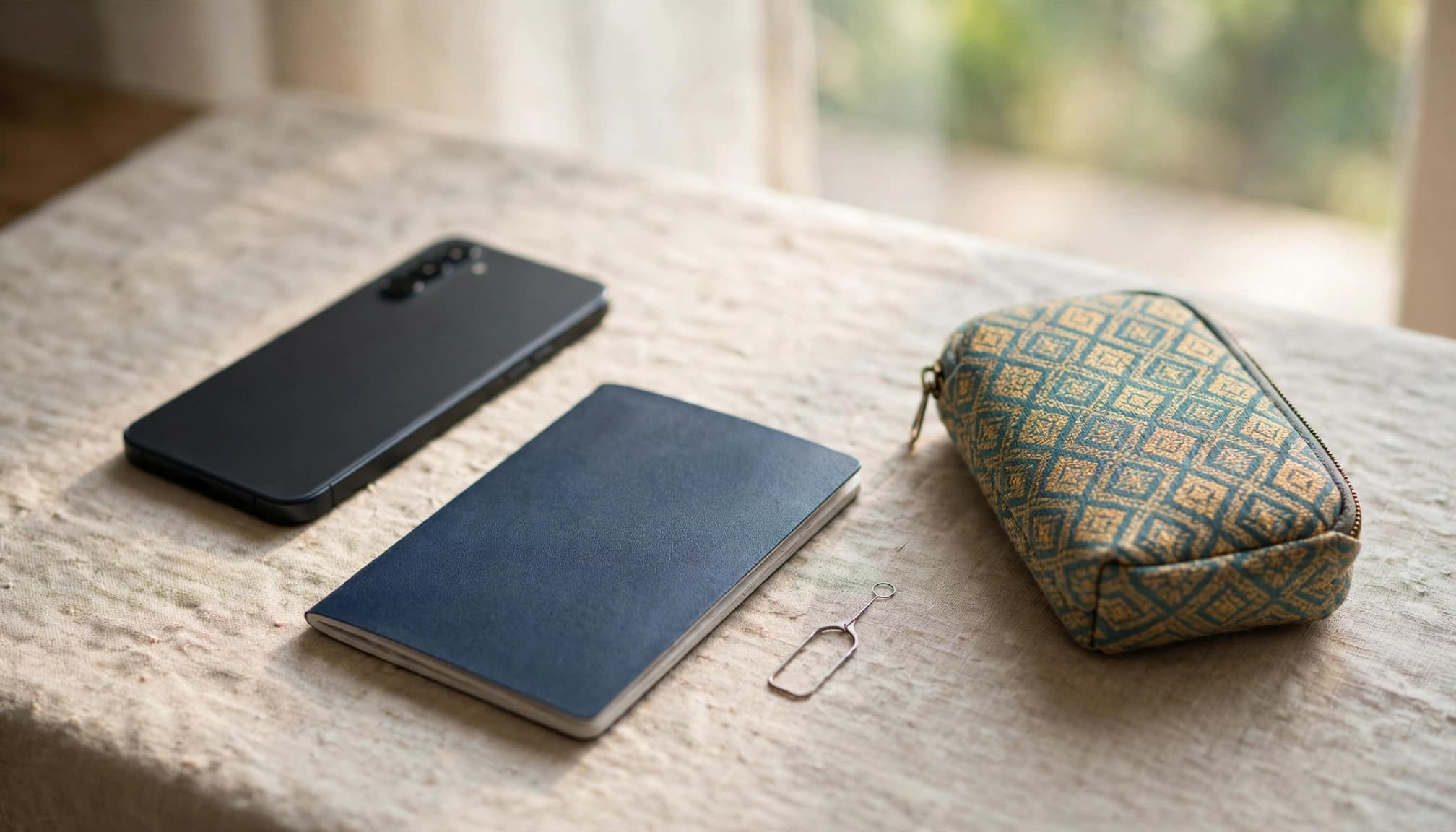 Smartphone, passport, SIM tool, and travel pouch arranged on a home table.