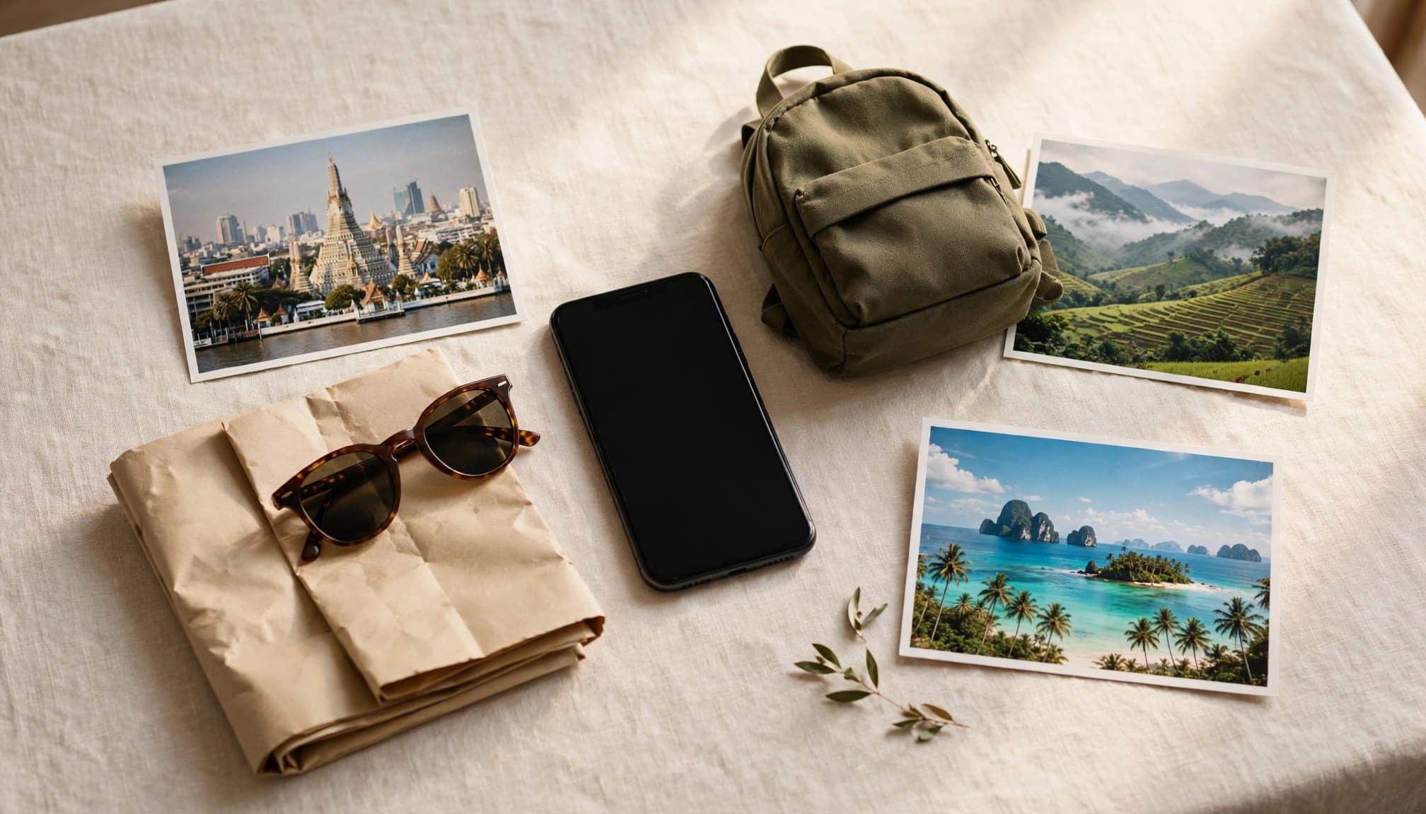 Thailand travel items arranged around a smartphone on a sunny hotel table.