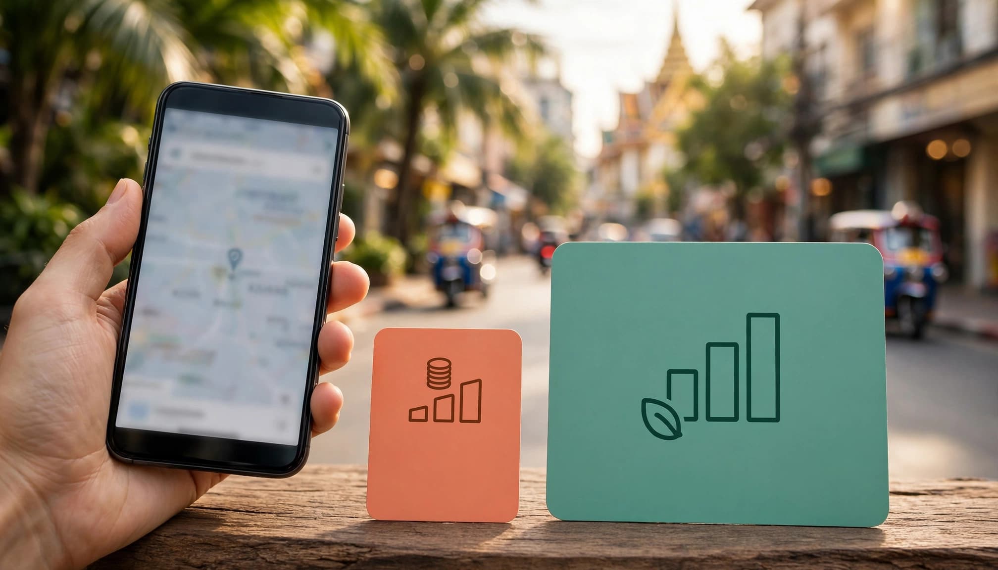 Hand holding a smartphone beside two contrasting mobile data package cards in Thailand.