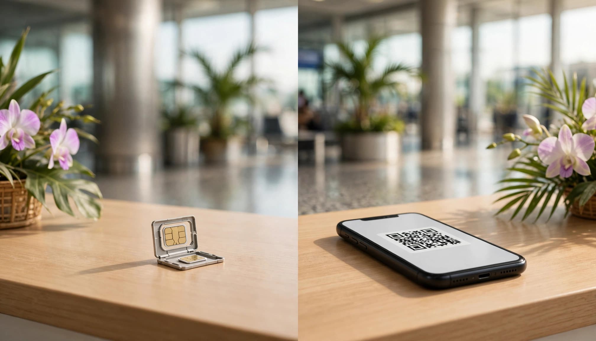 One smartphone and SIM tray compare an airport SIM with QR-based eSIM activation.