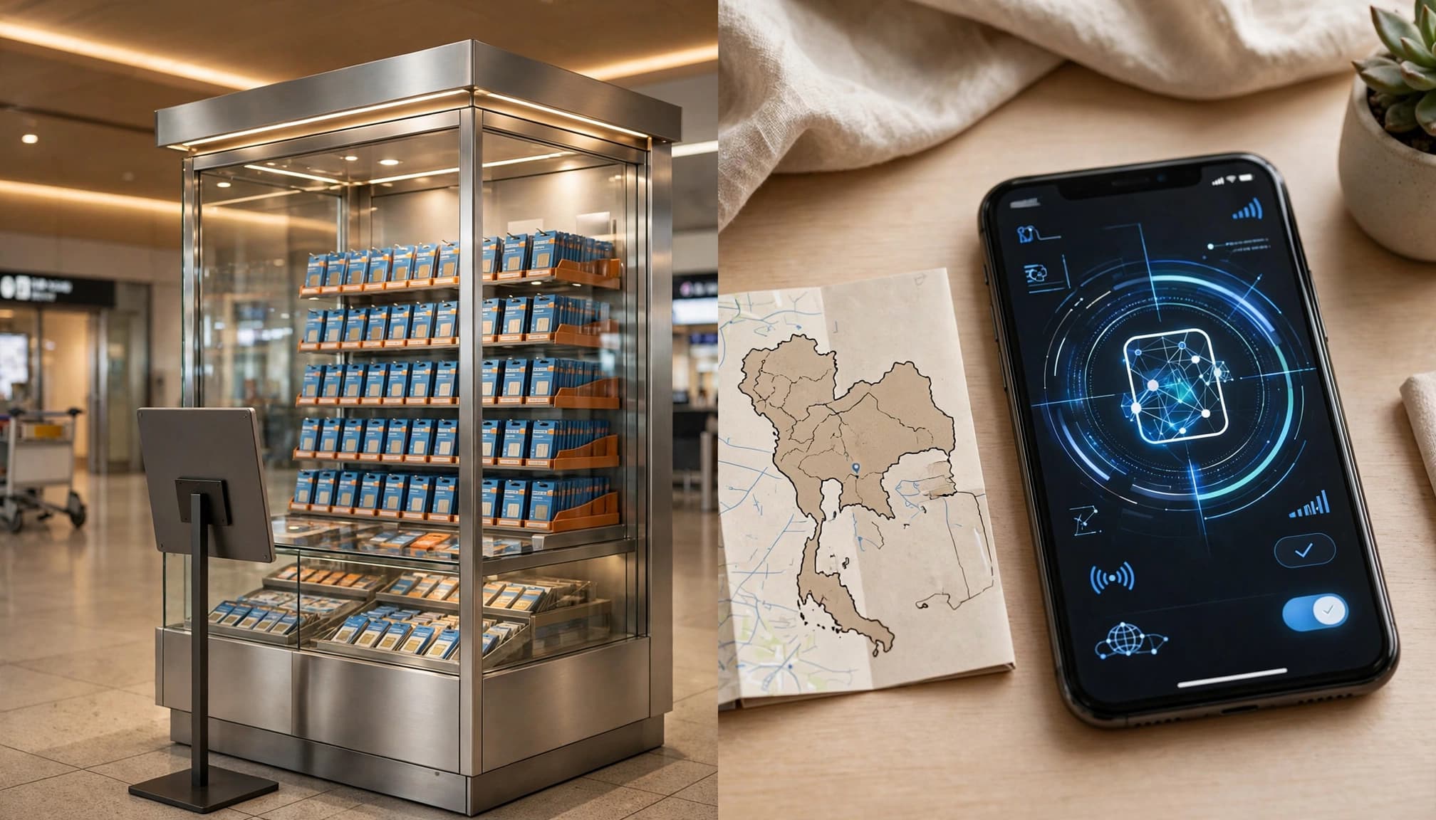 Airport SIM kiosk beside a smartphone showing an eSIM setup and a Thailand map.