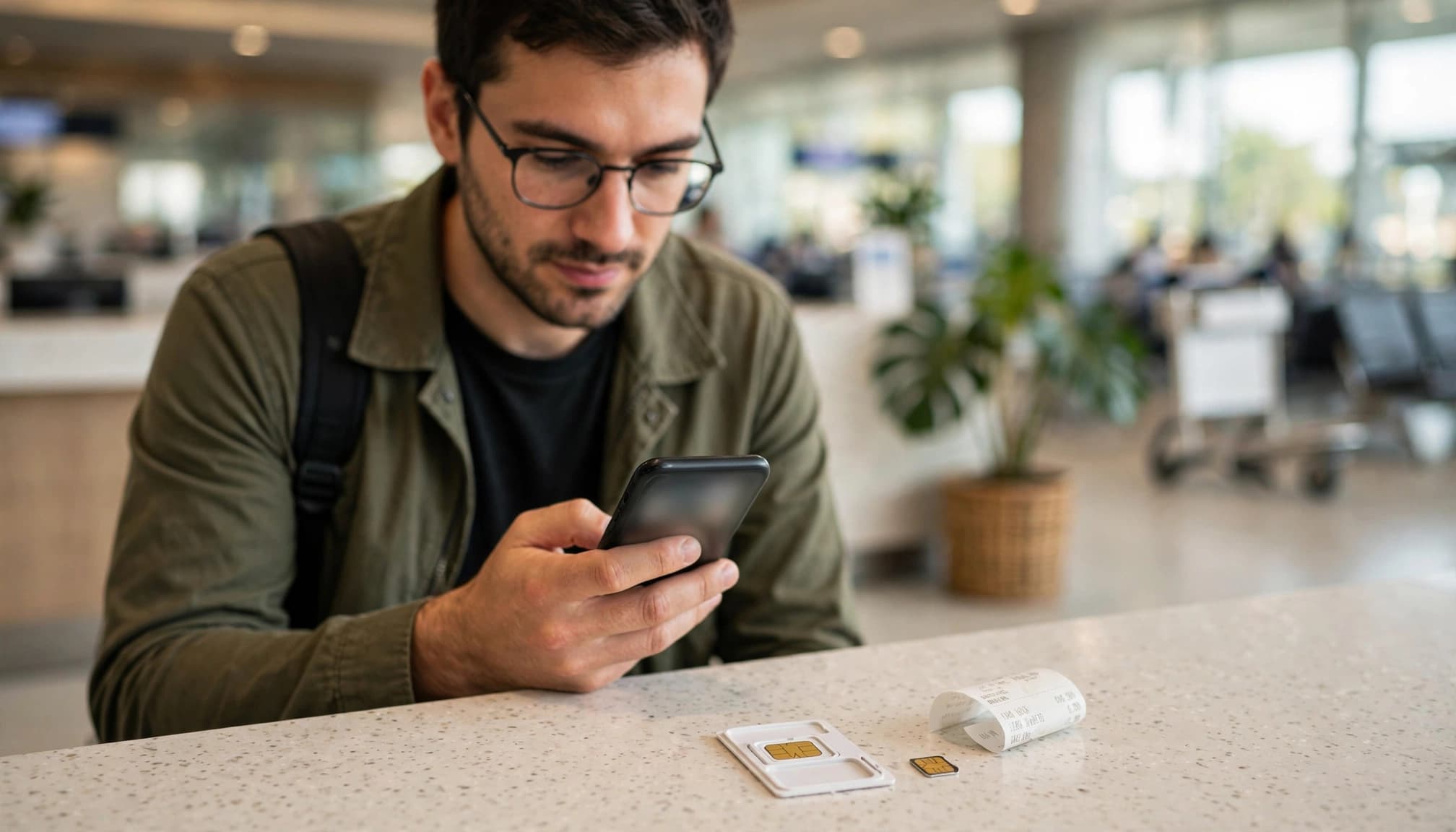 Traveler comparing mobile data options beside a SIM card and airport receipt.
