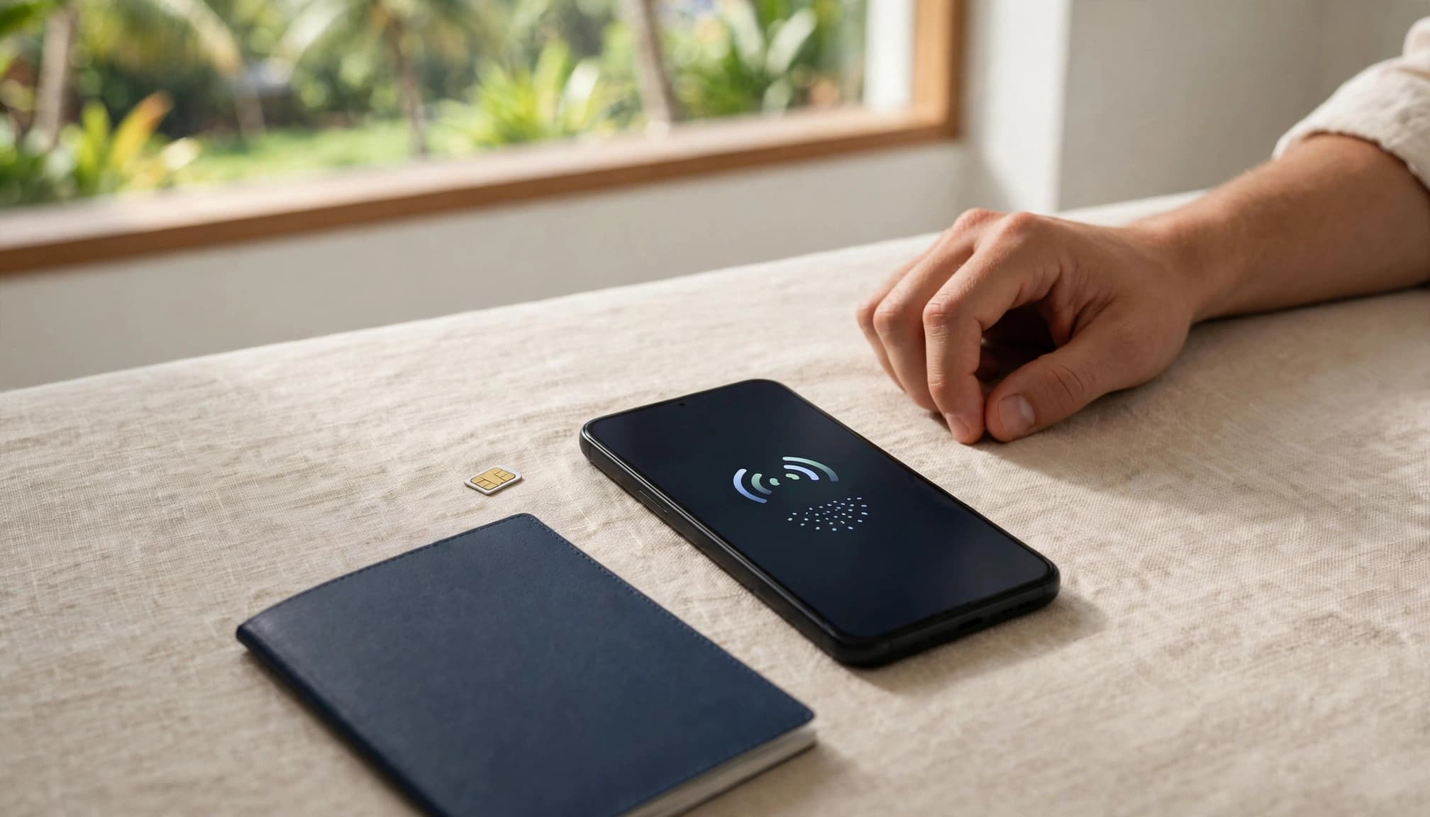 A traveler's hand beside a phone, SIM card, and passport in a bright hotel room.