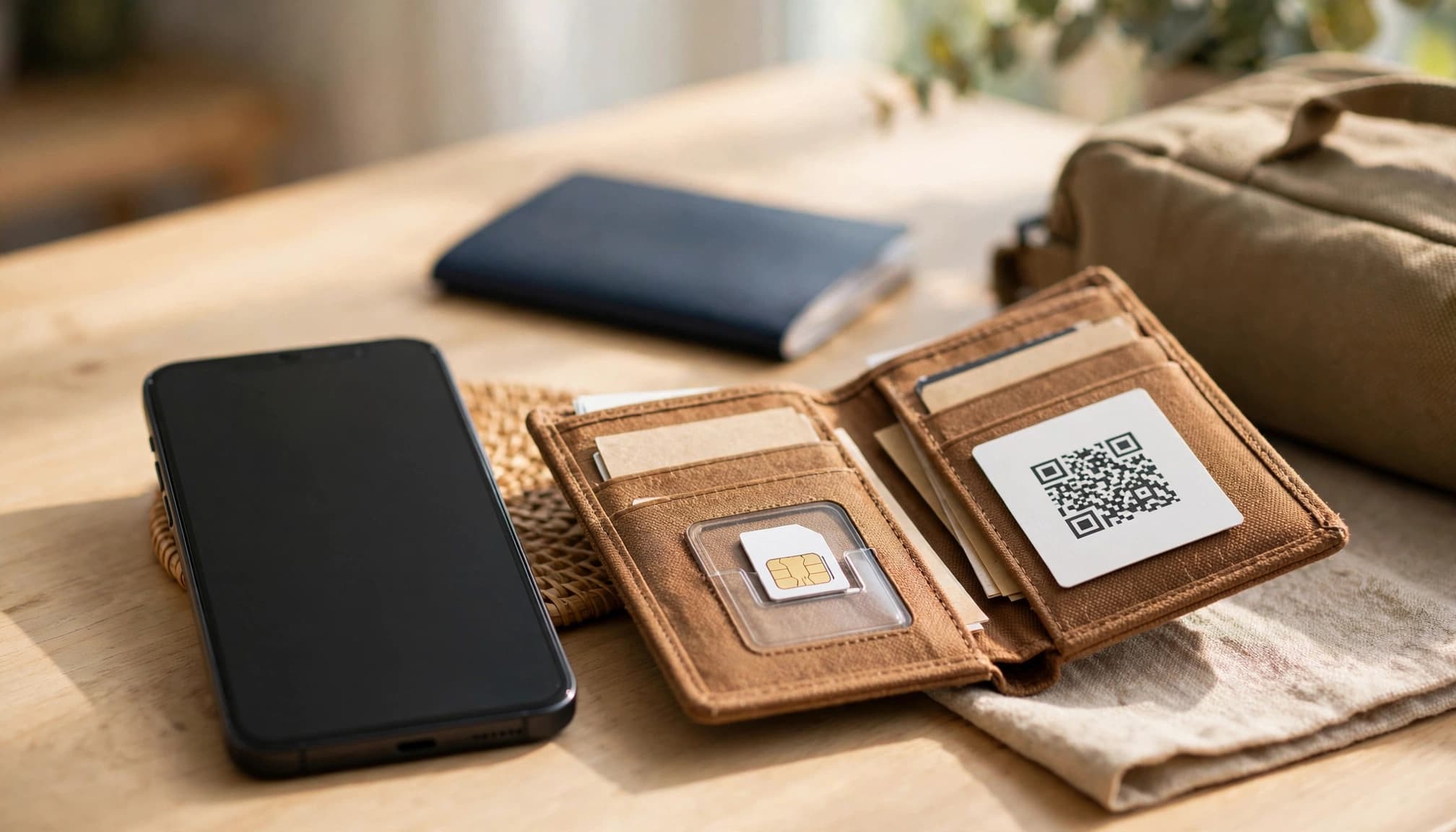 A smartphone and SIM accessories sit beside a closed passport and carry-on bag.