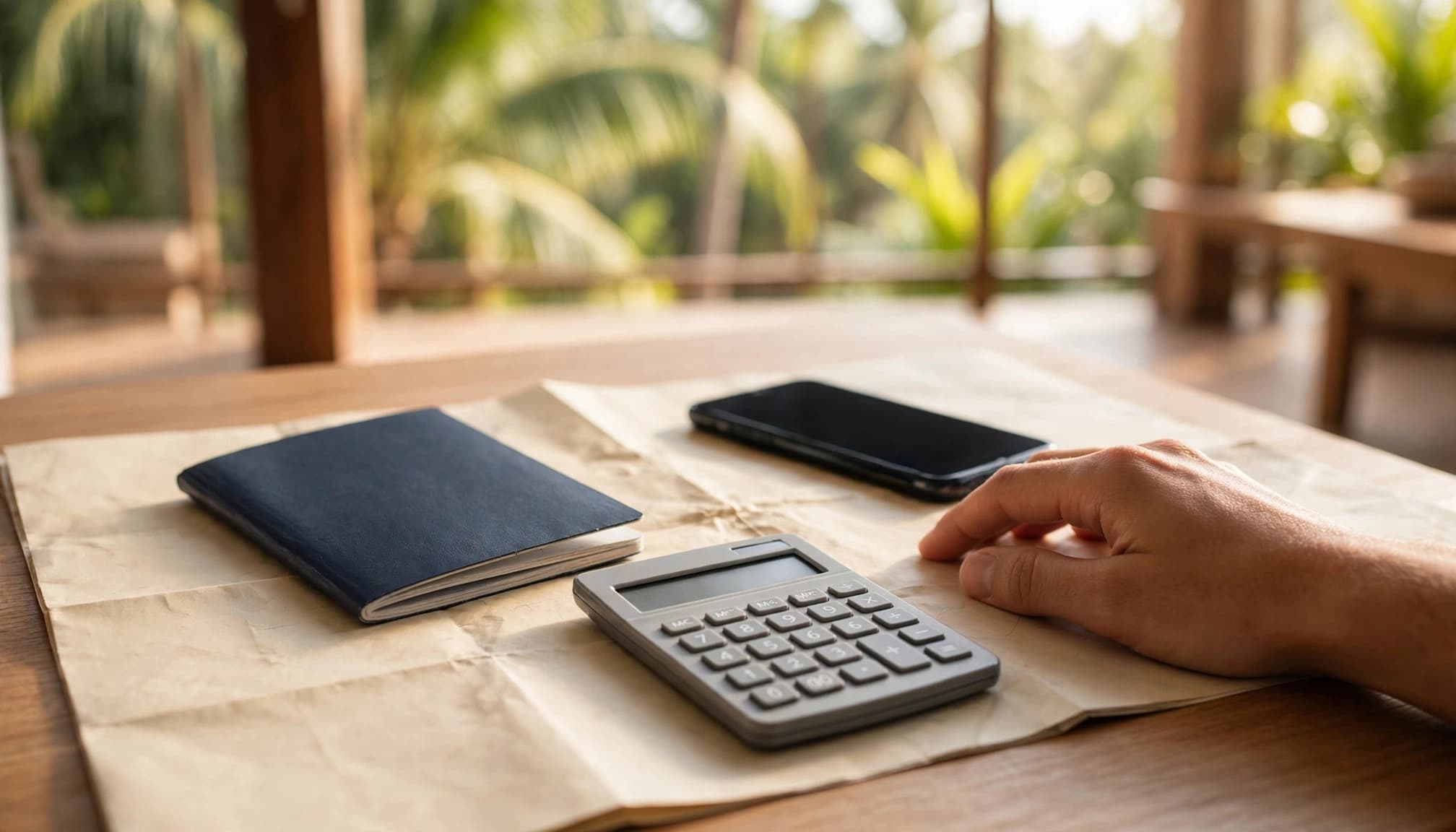 A hand beside a phone, passport, and calculator on a hotel table.