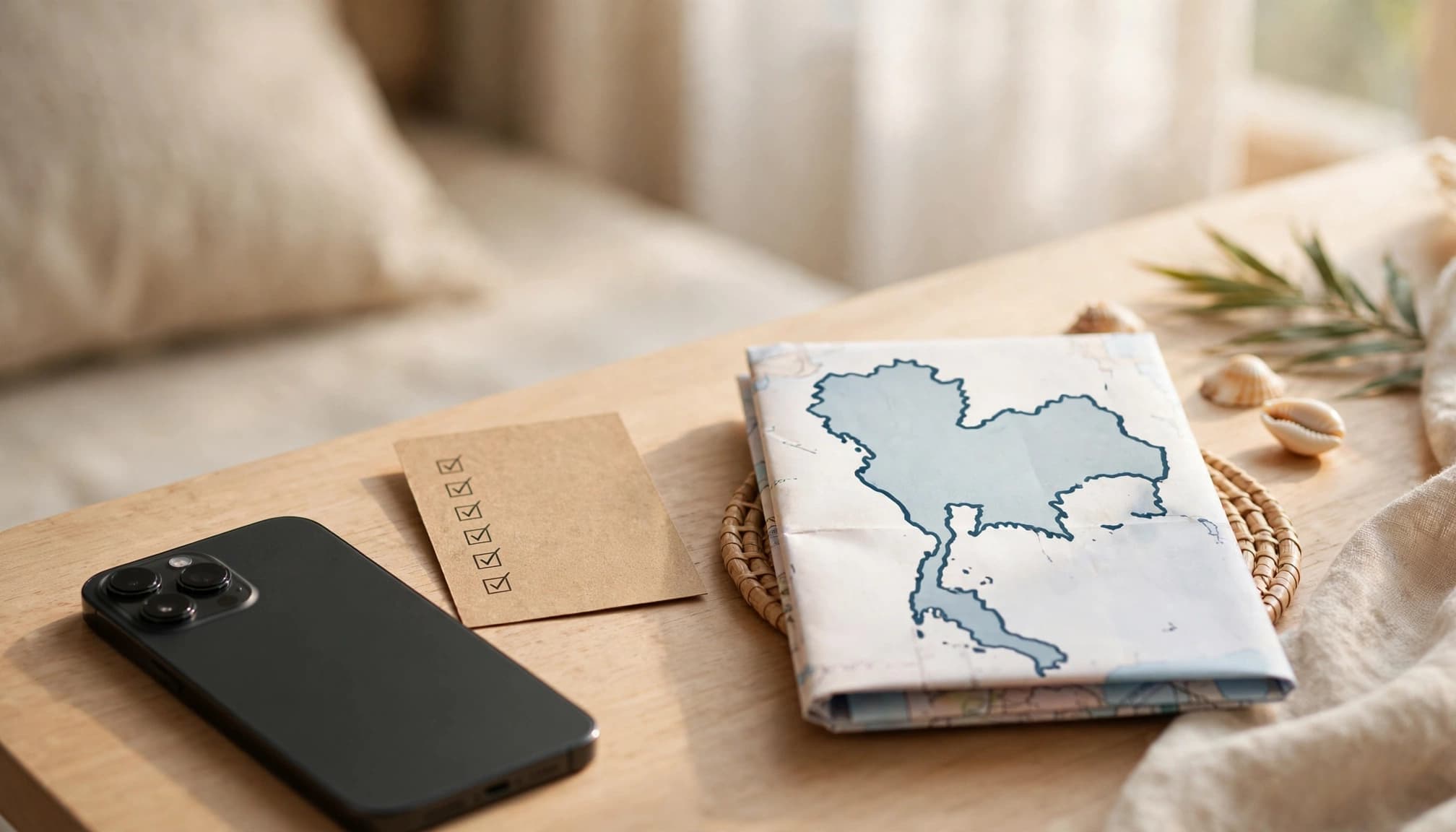 A smartphone beside a travel checklist and folded Thai map on a hotel side table.
