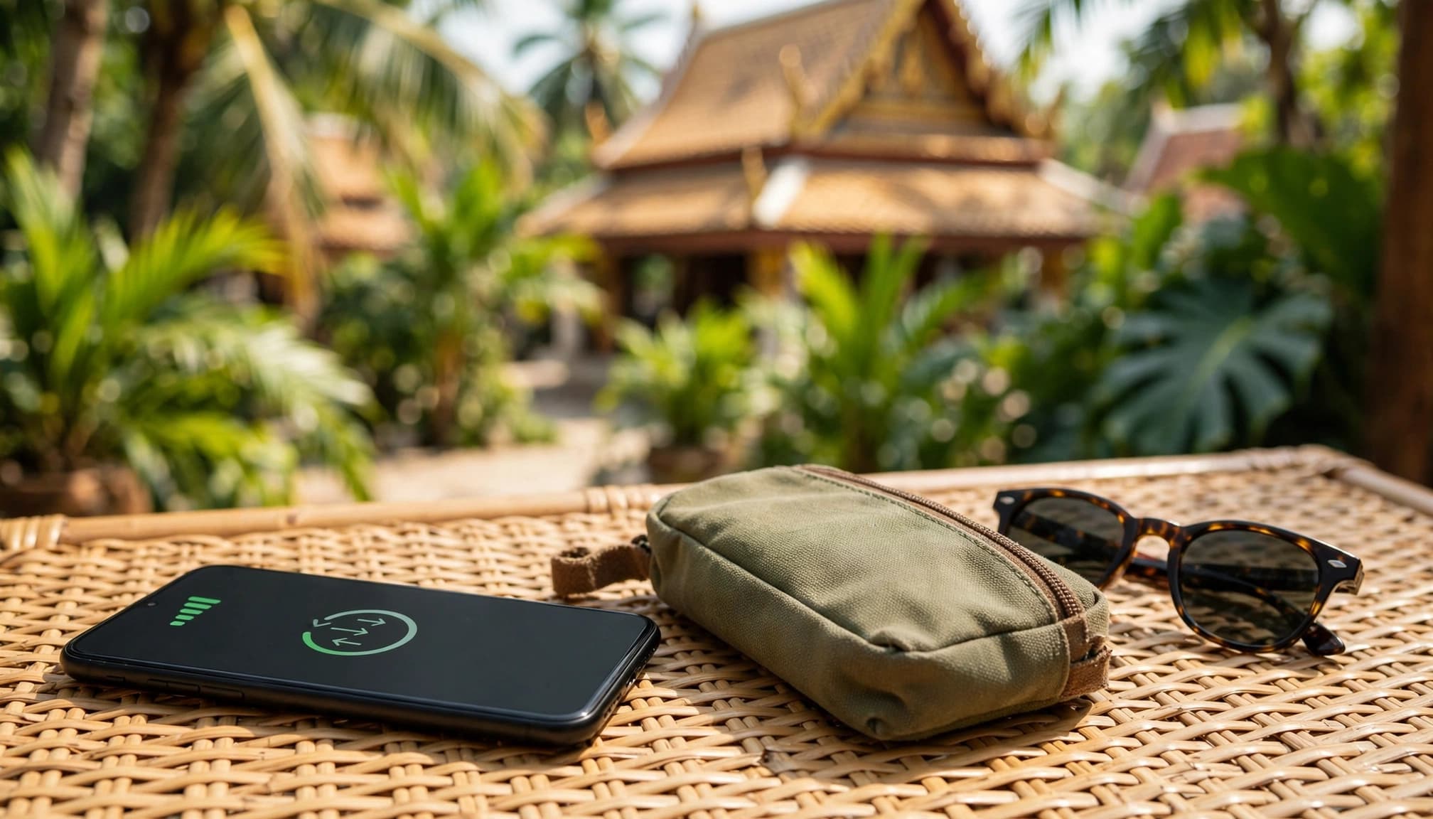 Smartphone, travel pouch, and sunglasses on a table with a Thai temple behind them.