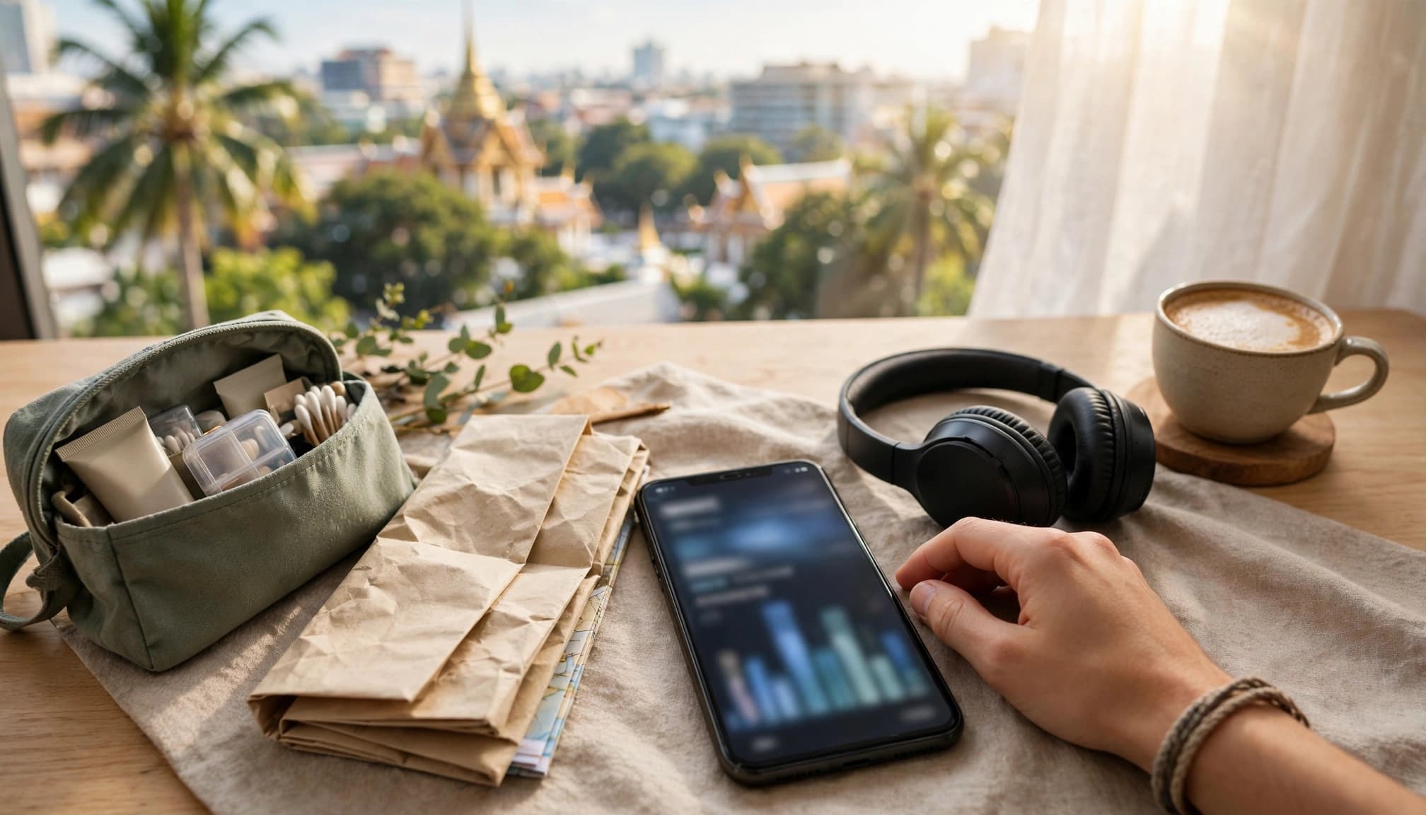 A hand rests beside a phone, map, headphones, and coffee in a sunny hotel room.