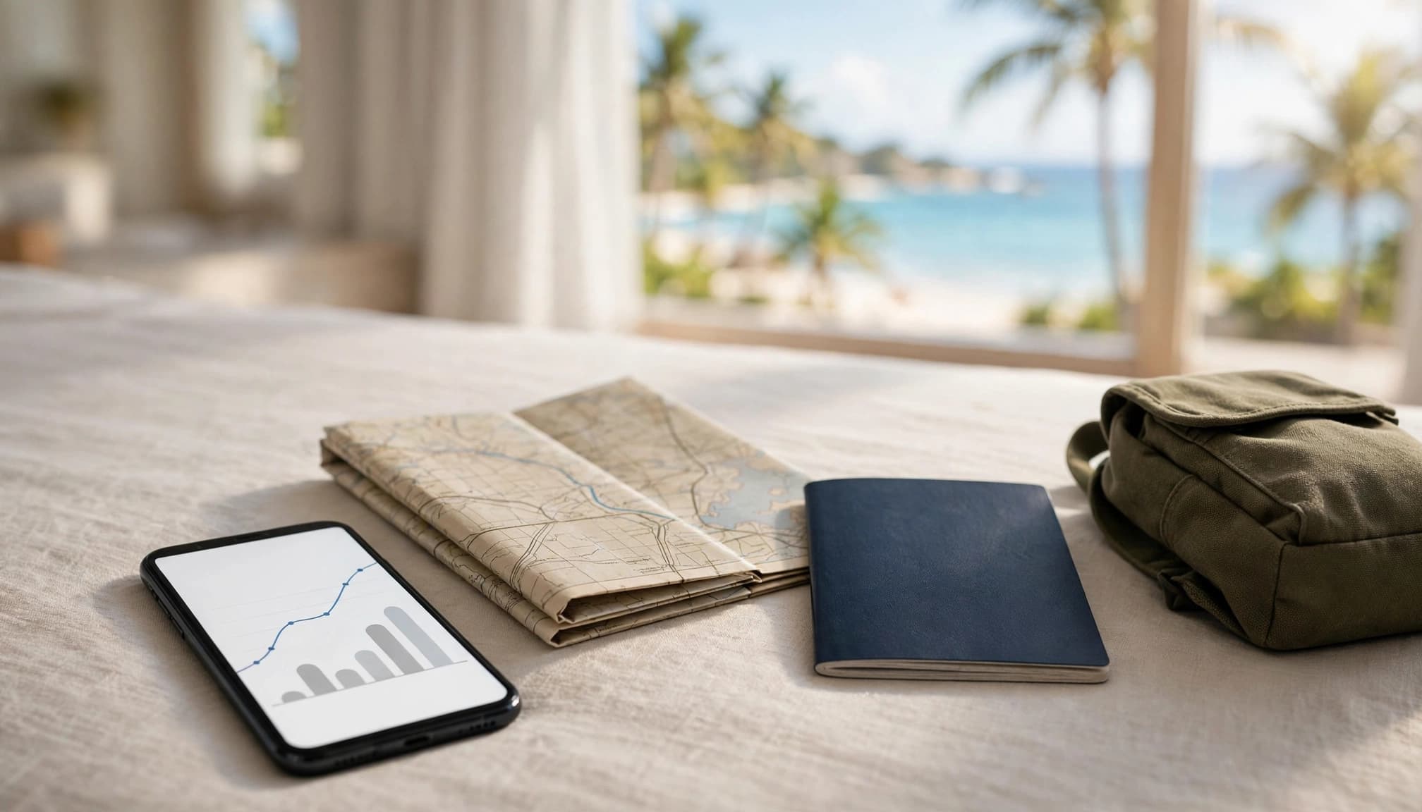 A smartphone and Thailand map beside a passport and backpack near a sunny beach view.