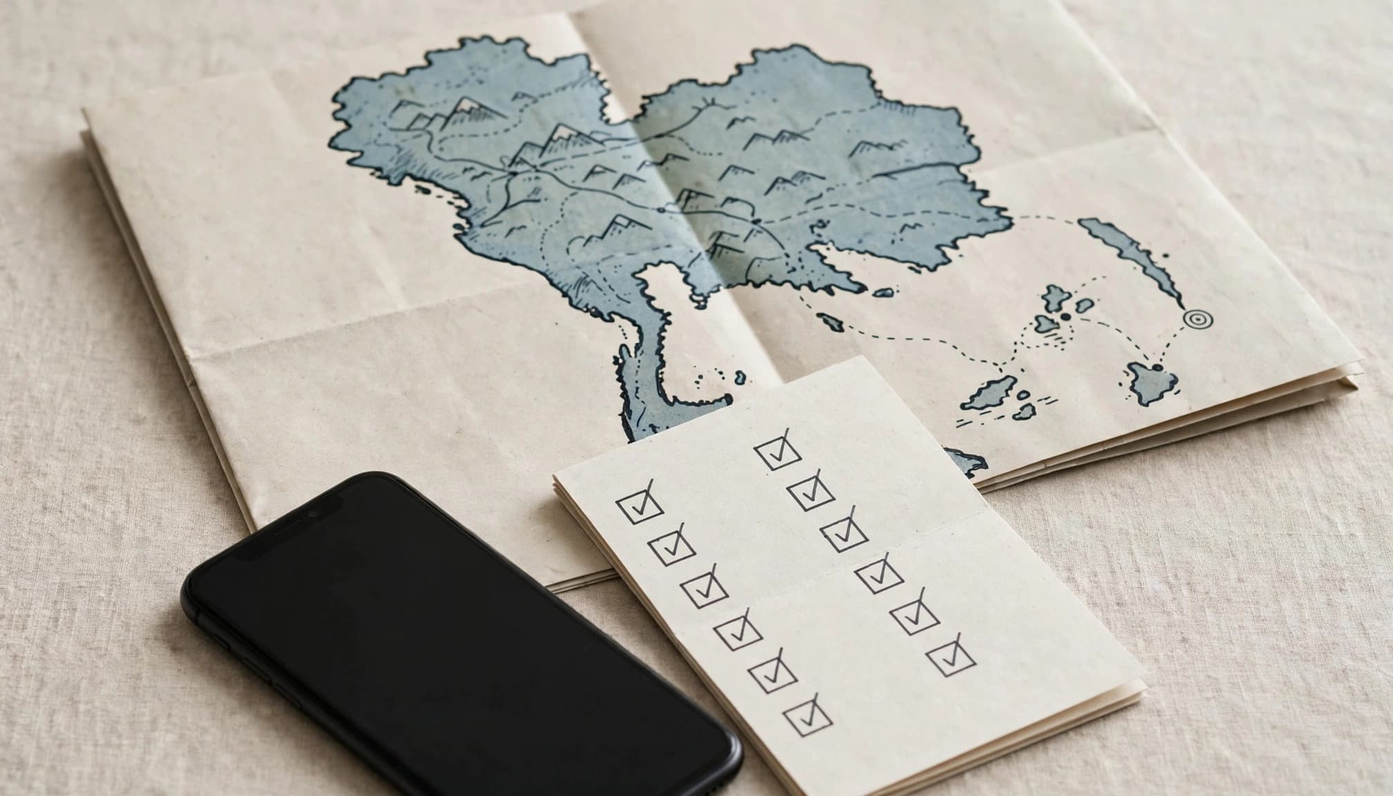 A phone and travel checklist rest in front of a folded Thailand map.