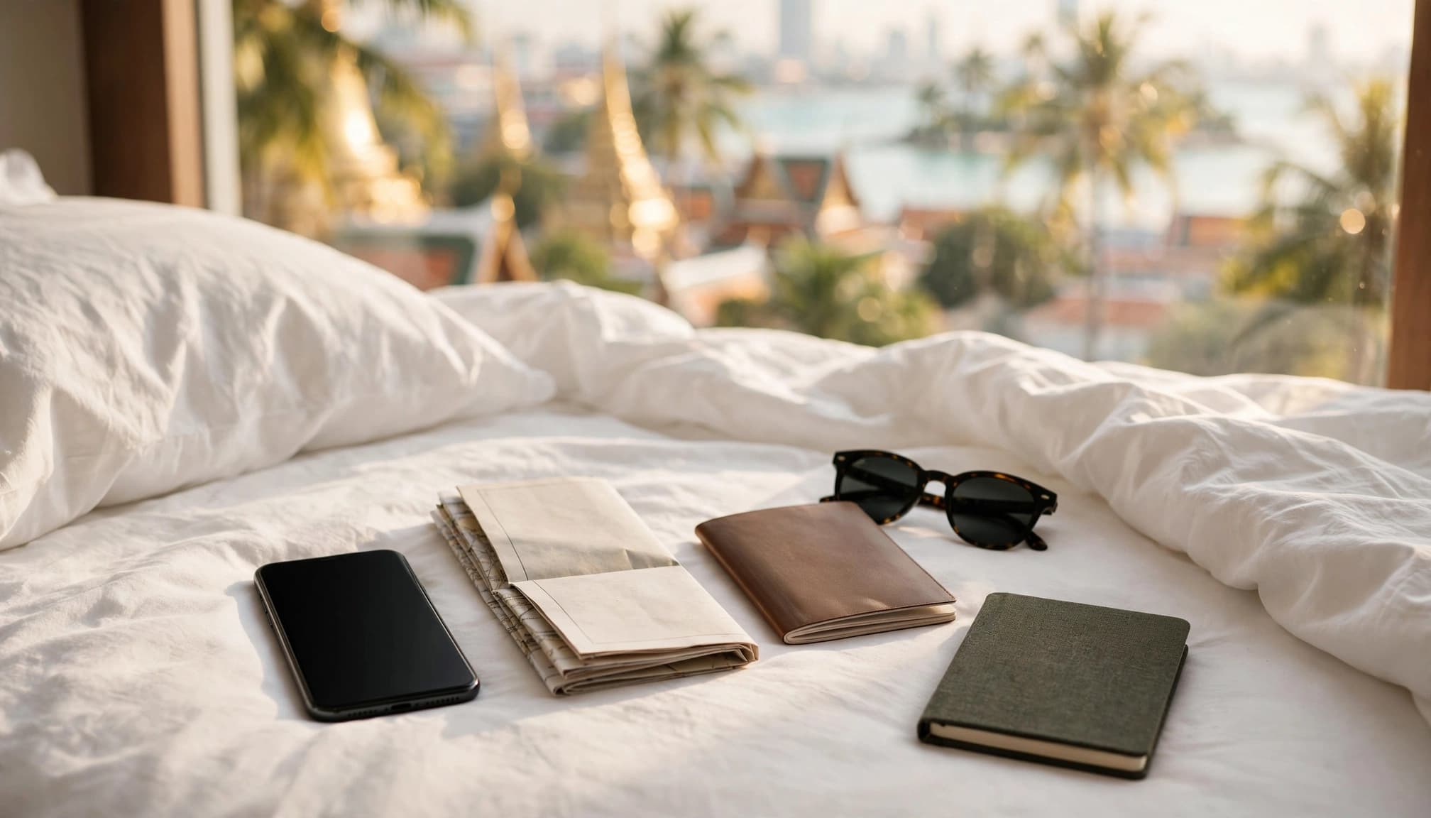 A smartphone and travel essentials rest on a bright hotel bed beside a window.