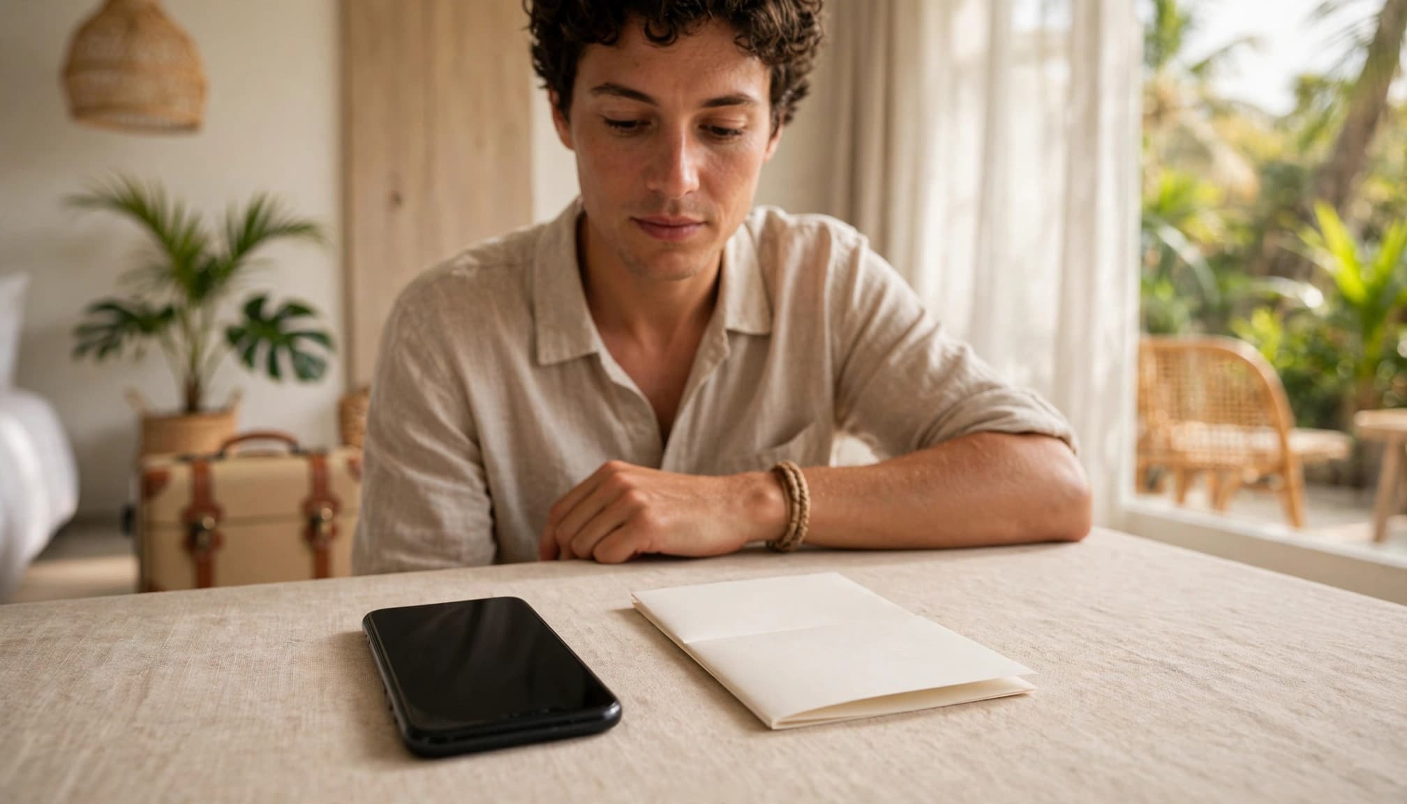 Traveler planning a Thailand trip with a smartphone, itinerary, and small suitcase.