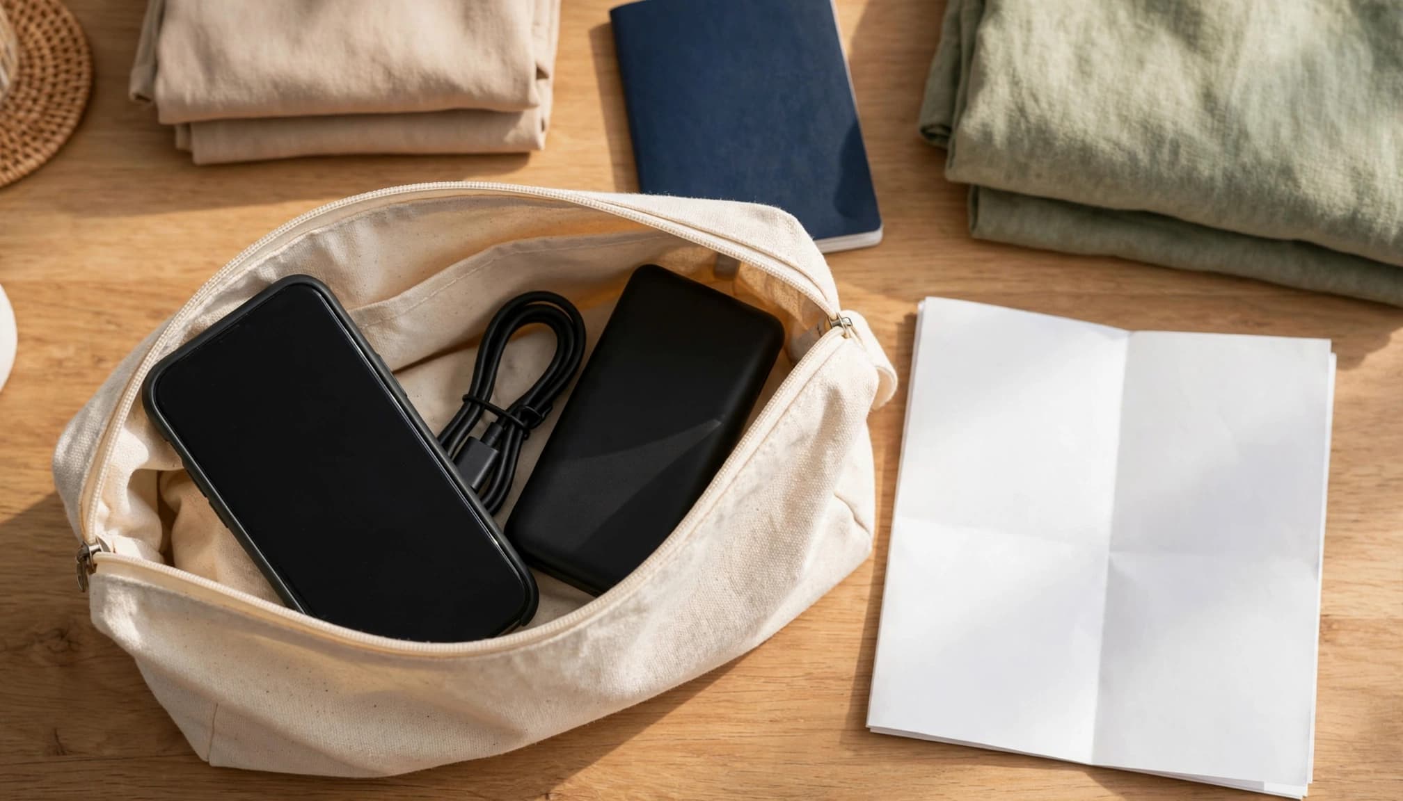 Open travel pouch with a phone, power bank, passport, and folded clothes.