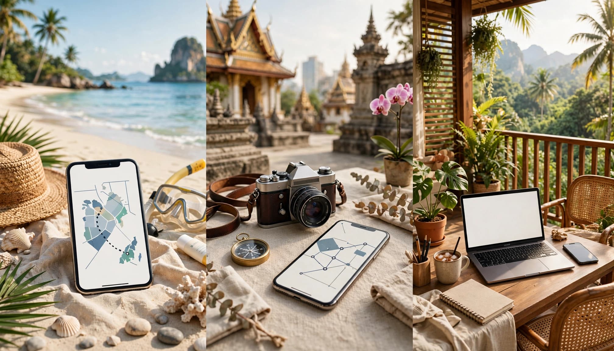 Three Thailand trip scenes with phones, a camera, laptop, and tropical balcony.