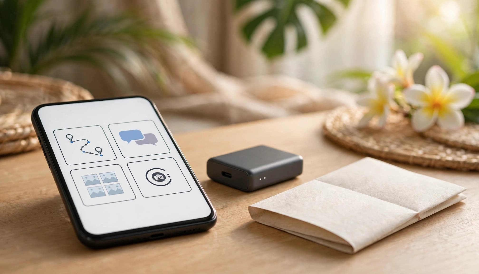 A smartphone, power bank, and folded itinerary on a bright hotel table with tropical details.
