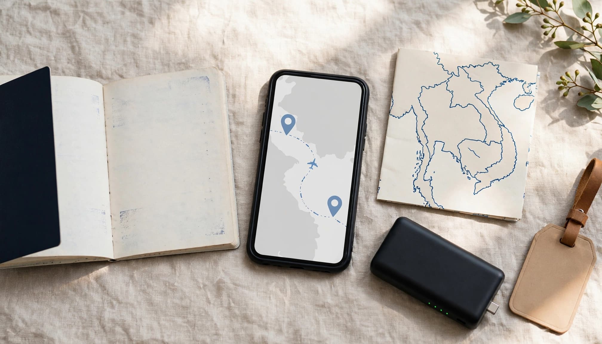 Passport, smartphone, and Thailand-Vietnam map arranged on a hotel table.