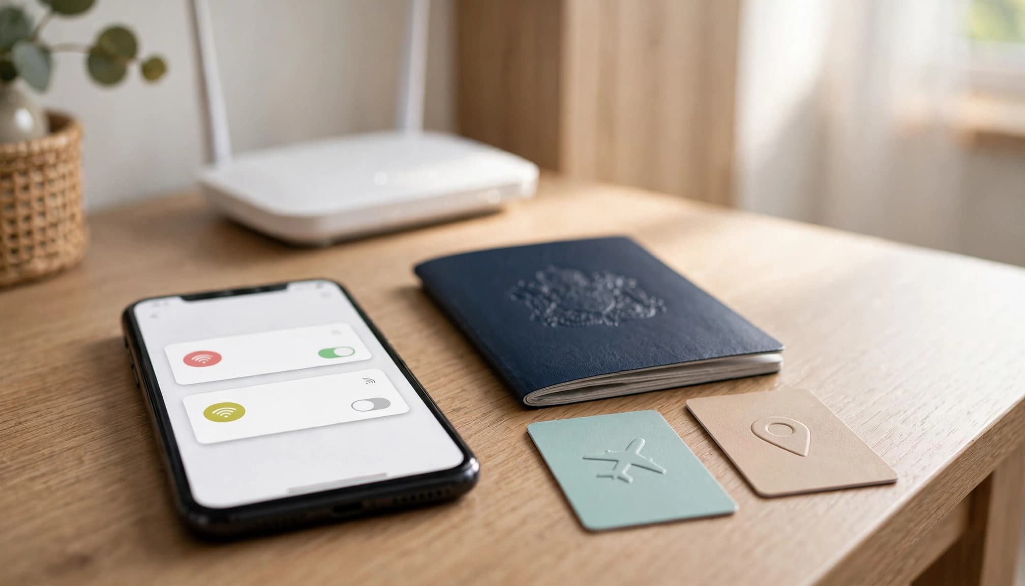 A smartphone, passport, and two travel cards sit beside a Wi-Fi router.