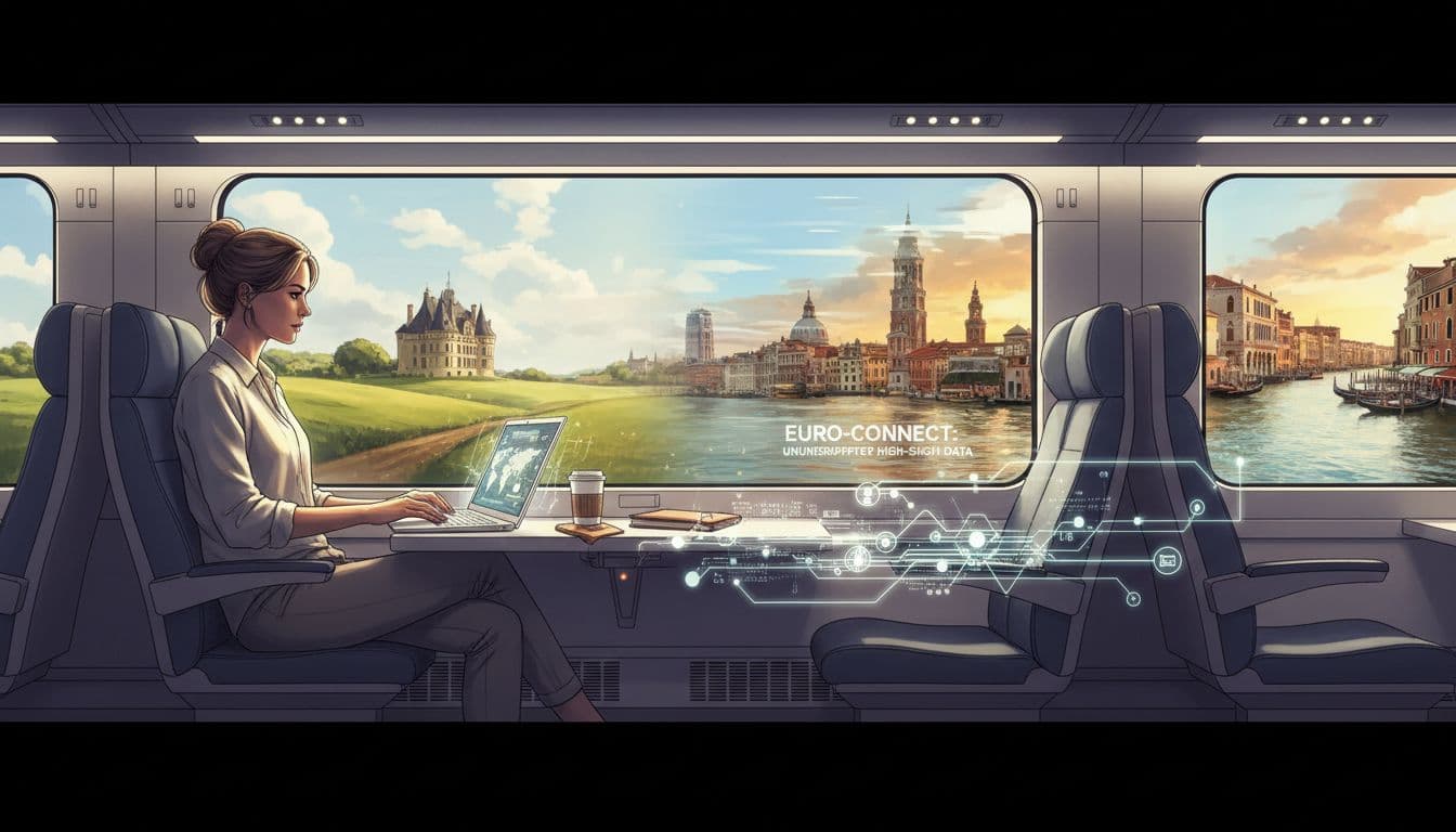 A section view of a modern travel blogger working on a sleek laptop by a scenic European train window, with landscapes transitioning quickly between countries symbolizing uninterrupted high-speed data connectivity. The mood is focused and productive, illuminated by bright natural light.