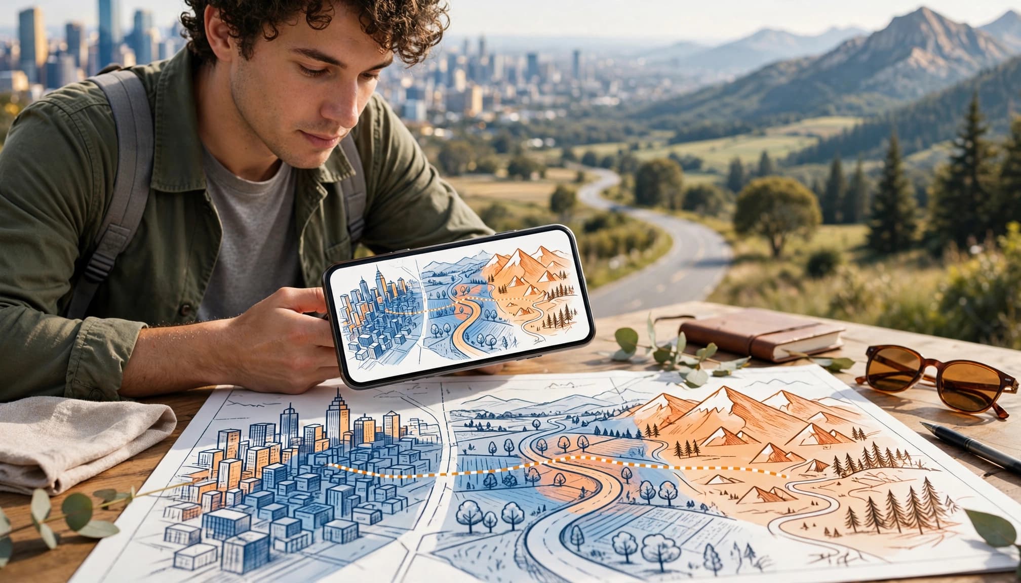 Traveler checking phone coverage across city, countryside, and mountains.