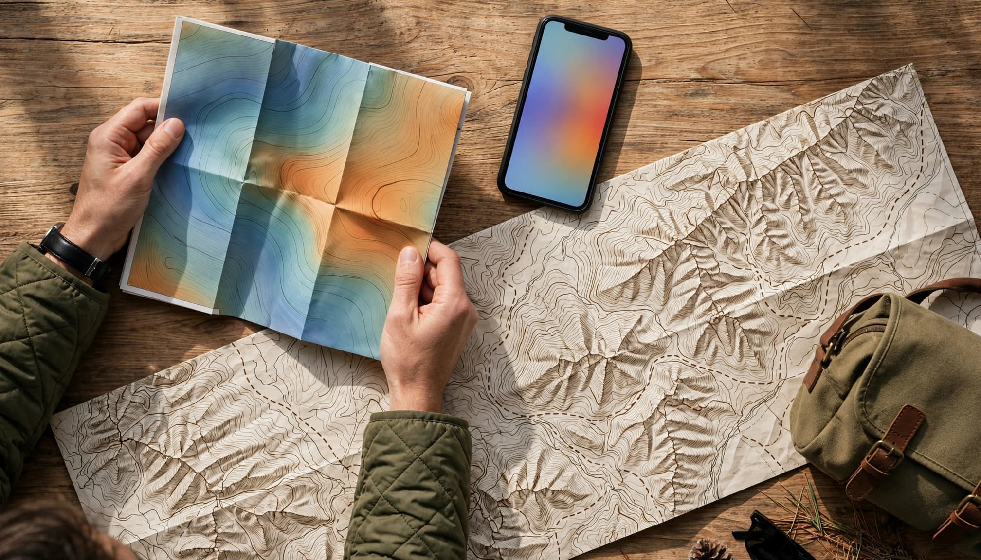 A person compares a paper map with phone coverage and mountain terrain.
