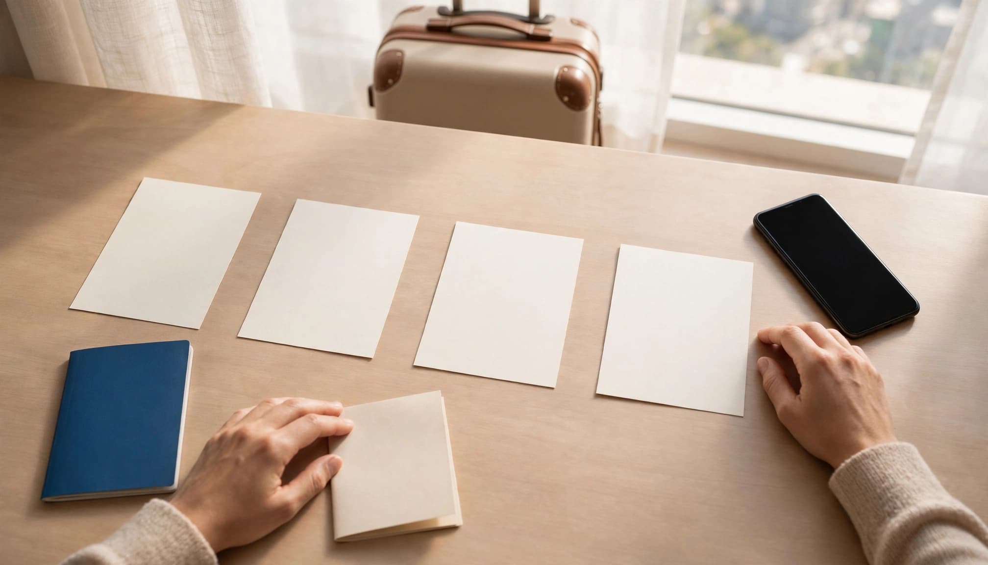 Traveler comparing blank cards beside travel essentials on a hotel table.