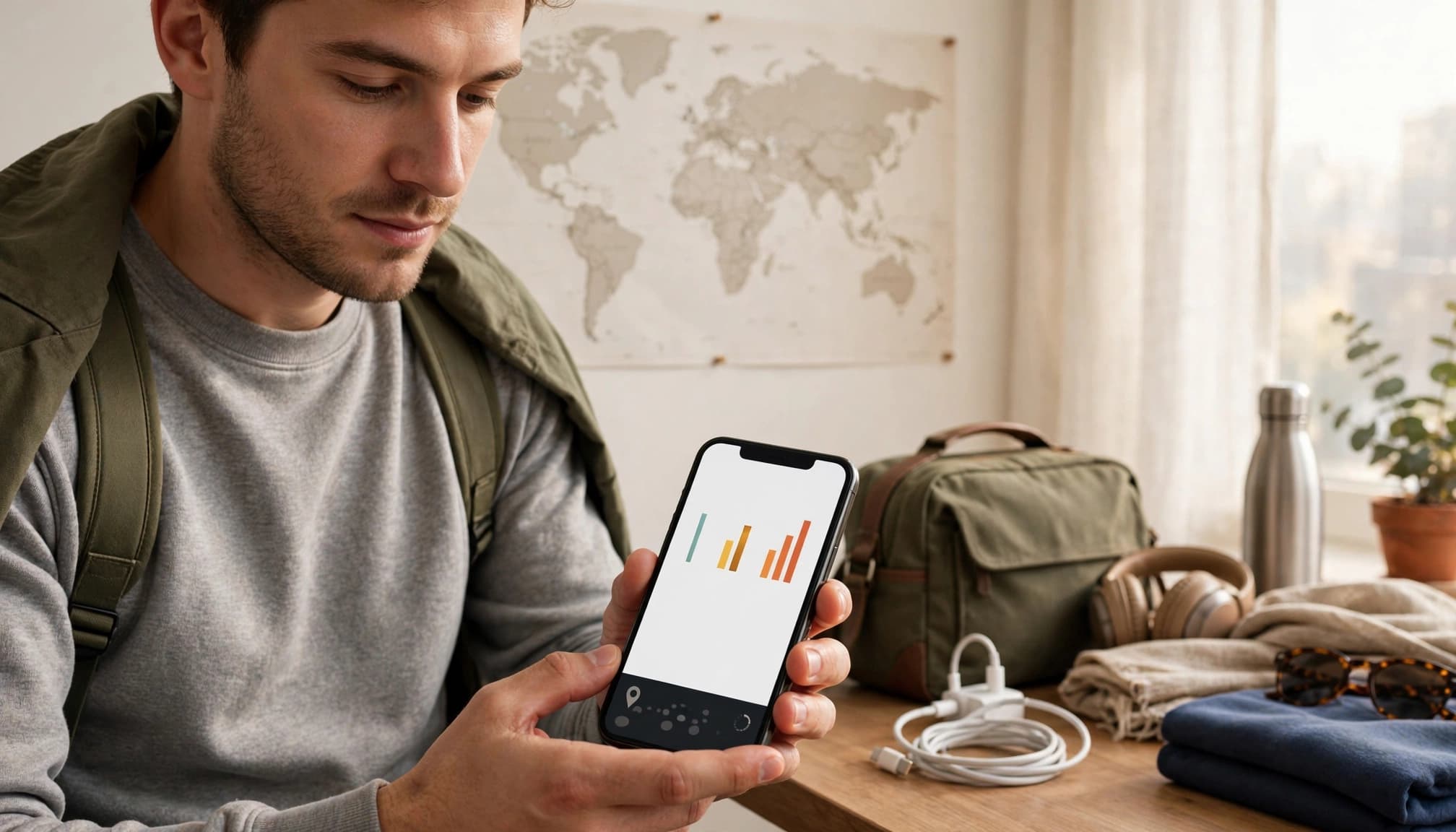 A traveler checks a phone beside a small bag in a bright hotel room.