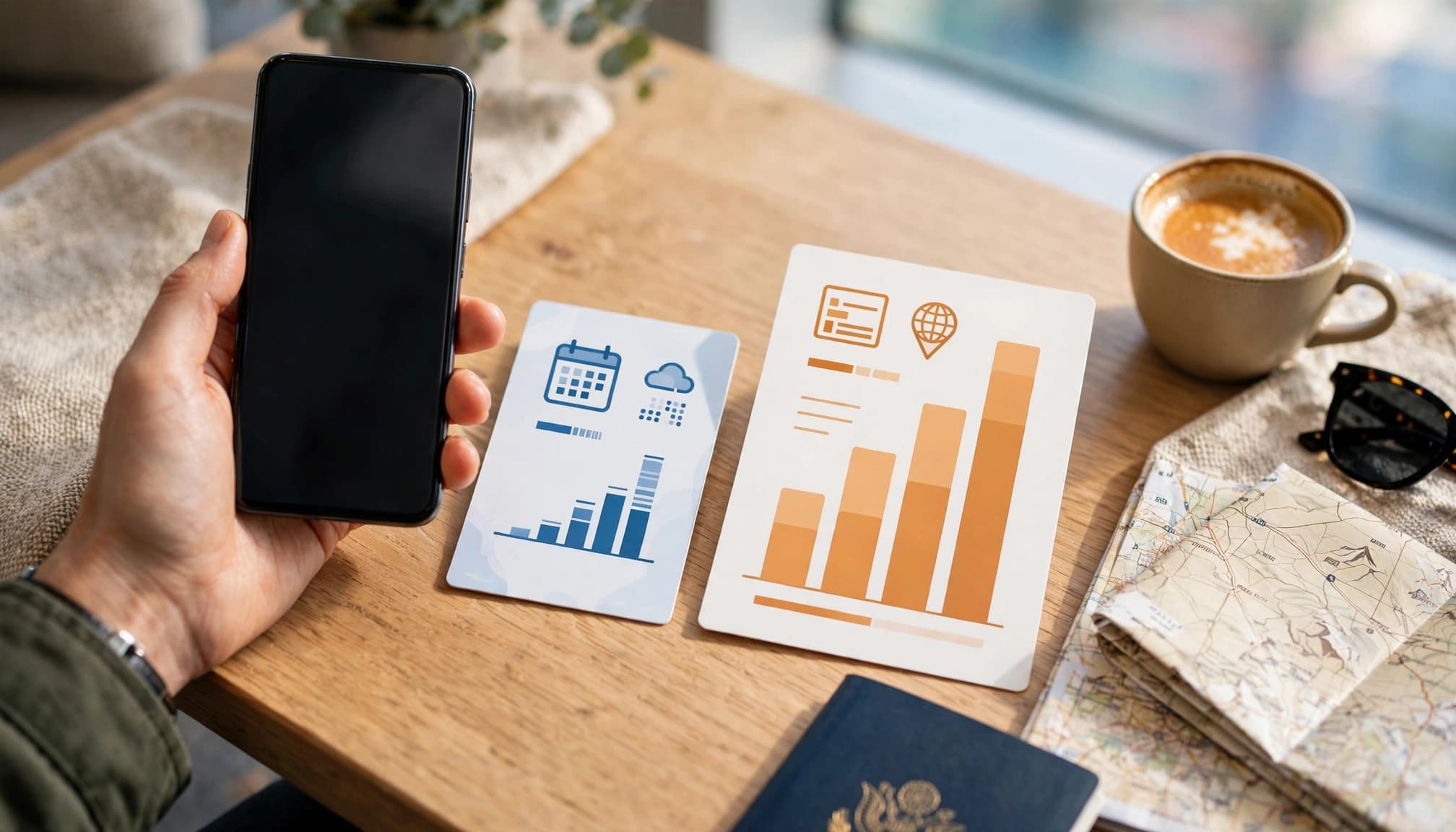 A hand holds a phone beside two data plan cards on a lounge table.