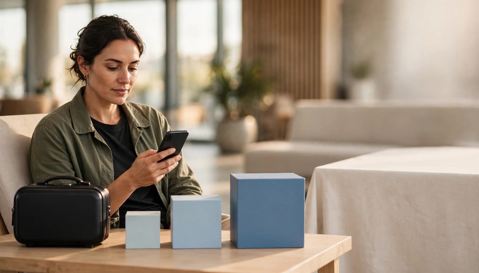 A traveler holds a phone beside a suitcase and three size-coded data cards in an airport lounge.