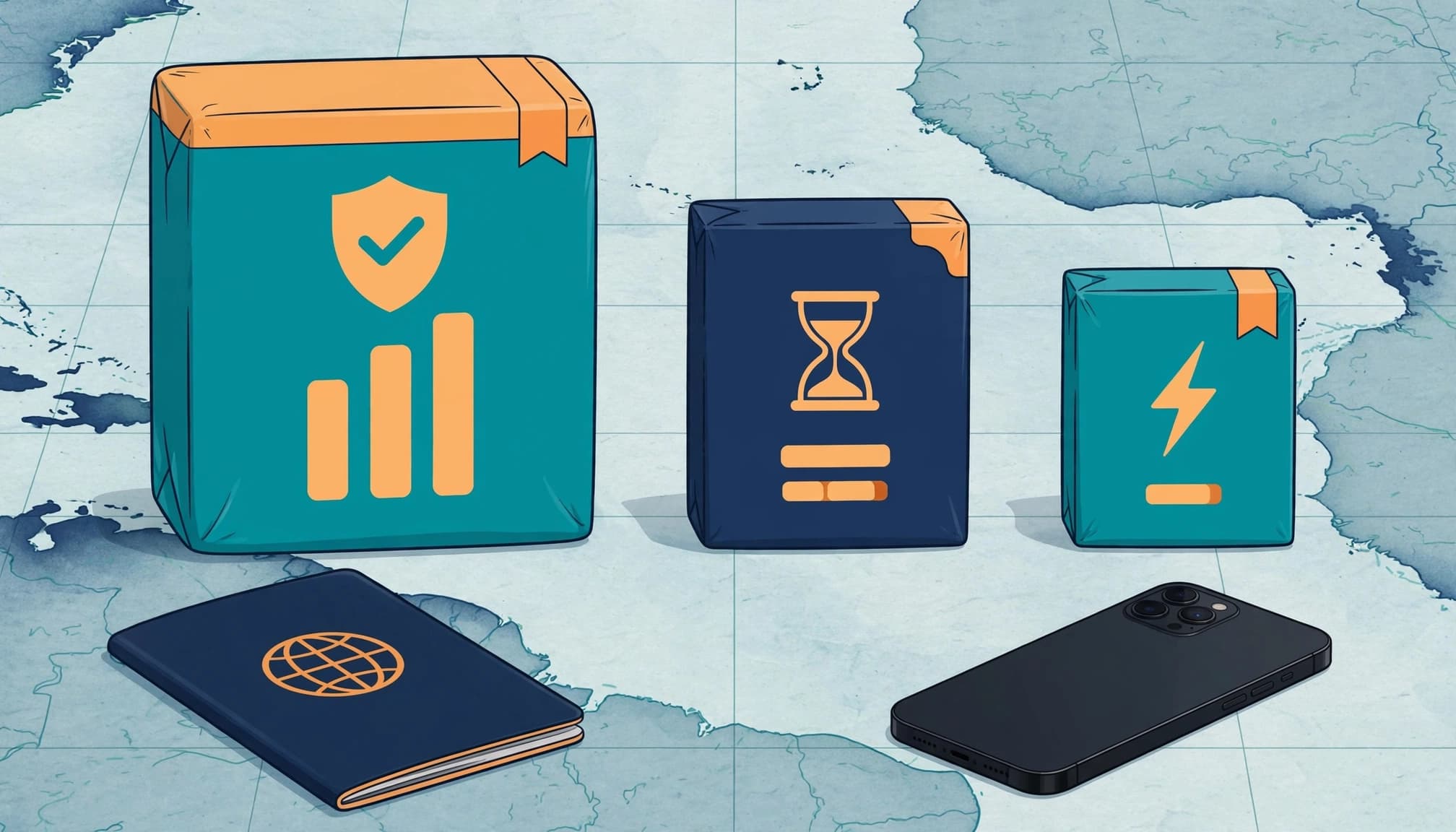 Three travel data packages sit beside a passport and smartphone on a map.