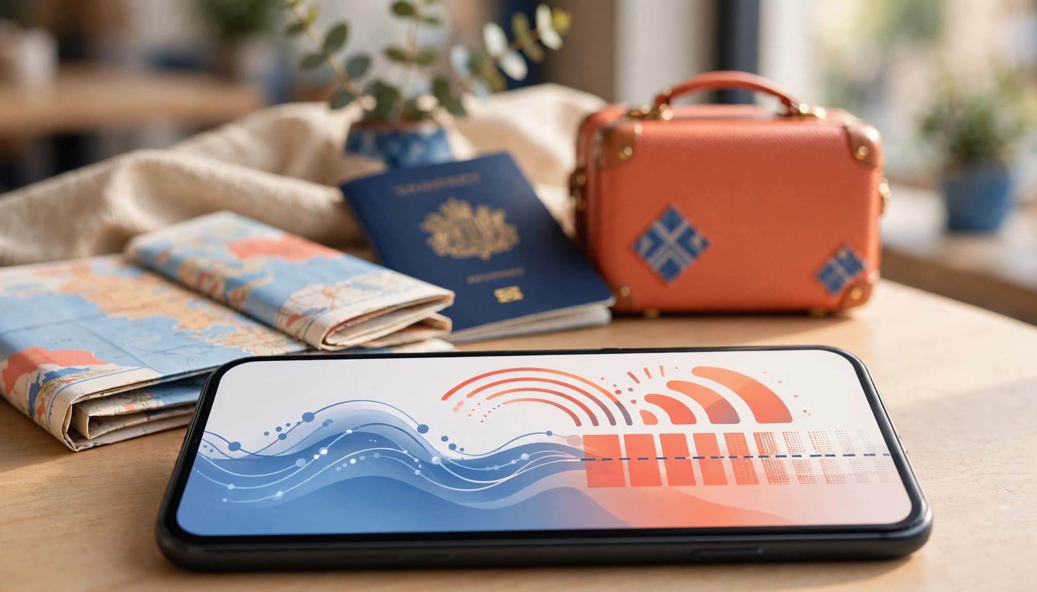 A smartphone showing mobile data patterns beside a map, passport, and small suitcase.