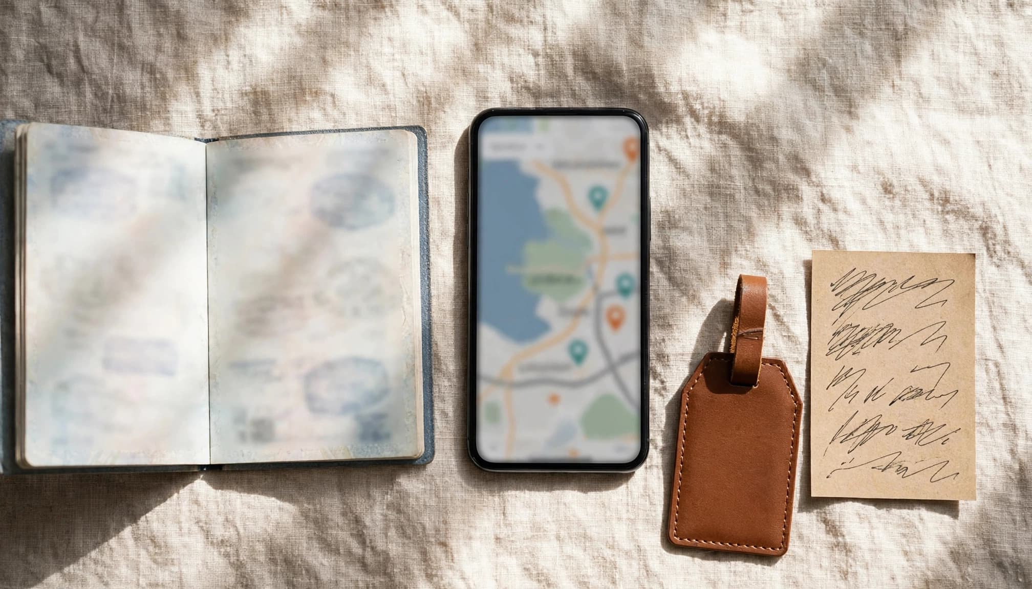 A passport, phone, luggage tag, and itinerary card arranged on a bright tabletop.