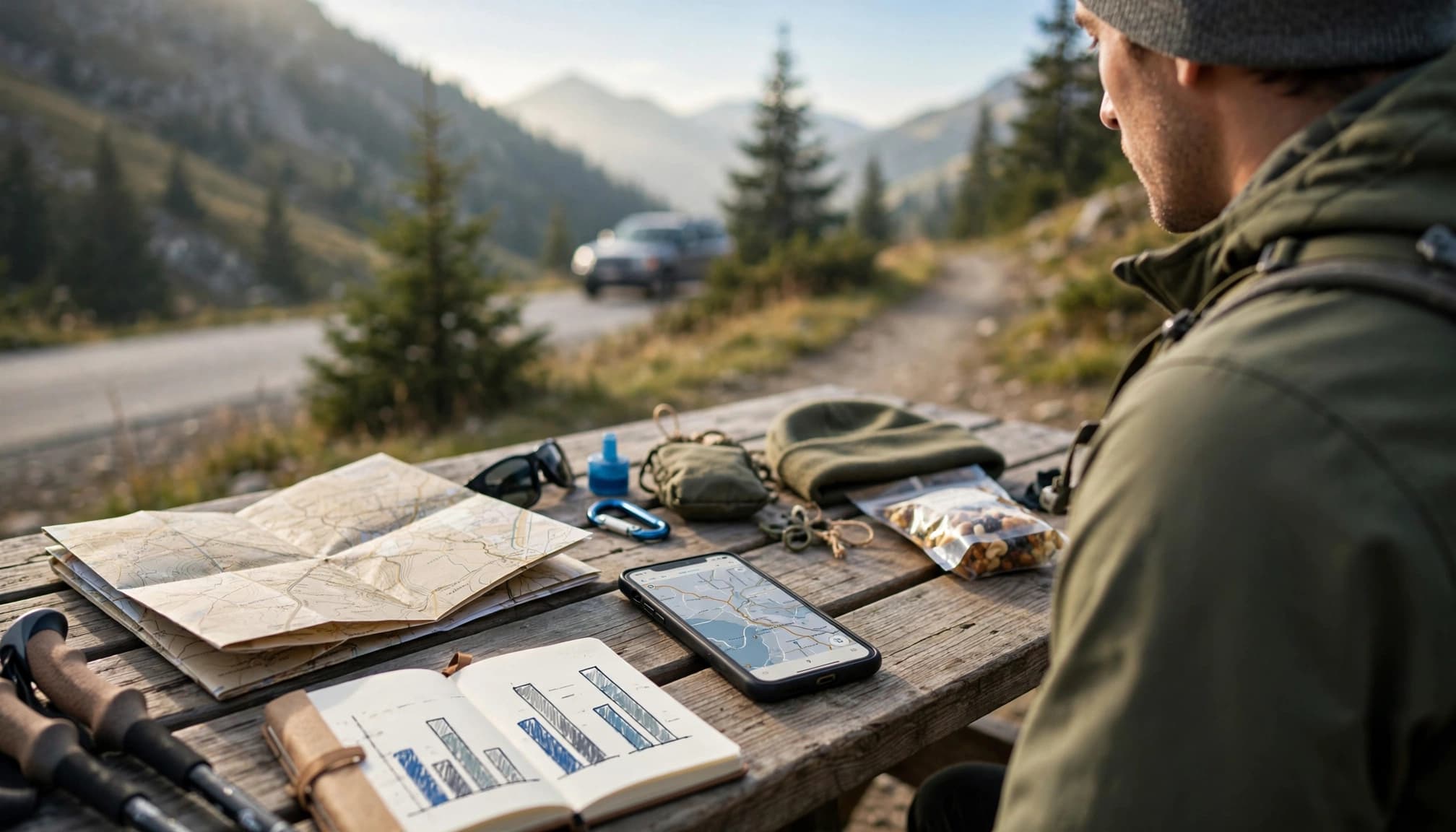 A phone, folded map, hiking gear, and notebook sit on a picnic table near a mountain road.