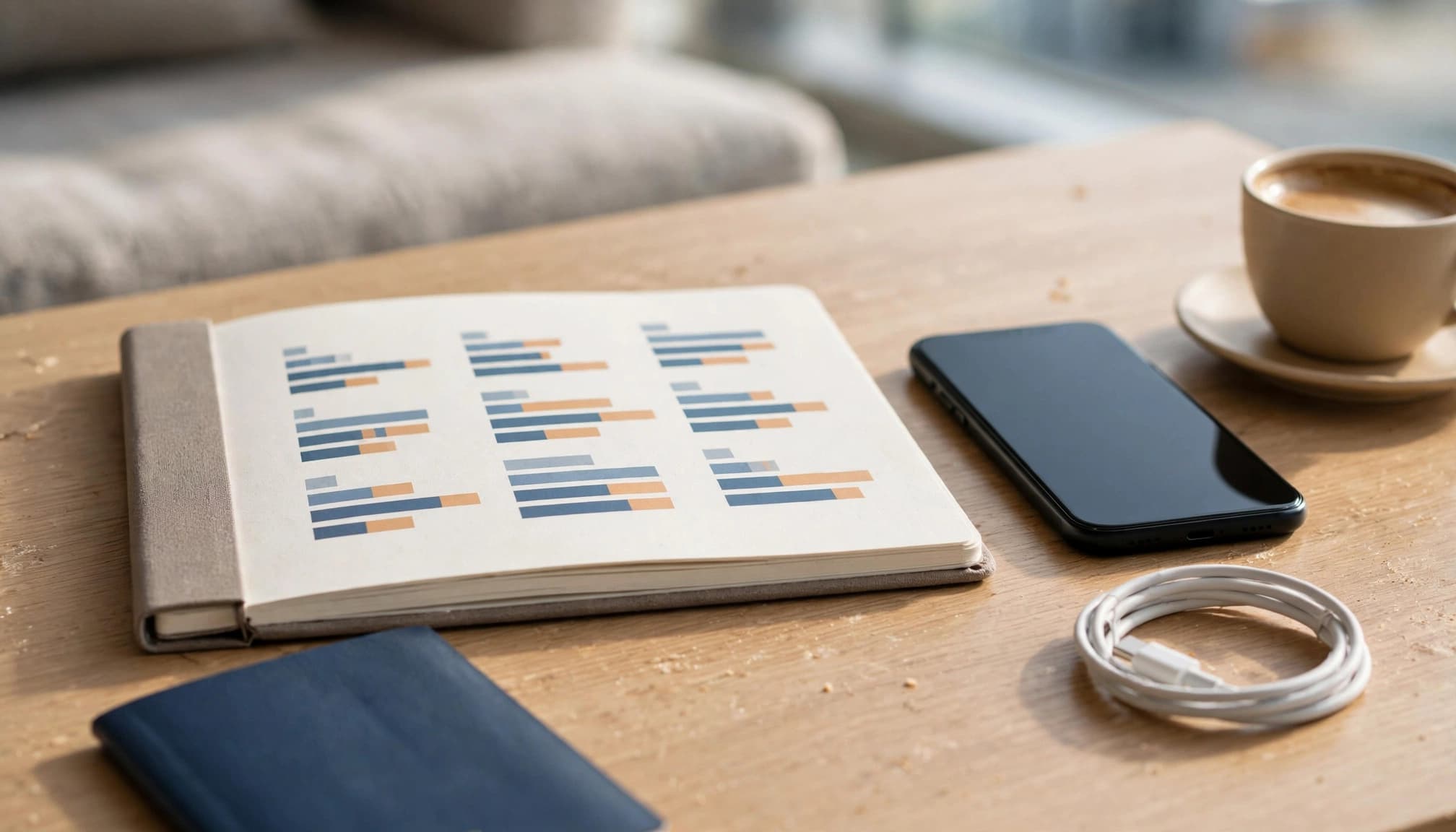 A smartphone and budget notebook beside a passport, cable, and coffee.