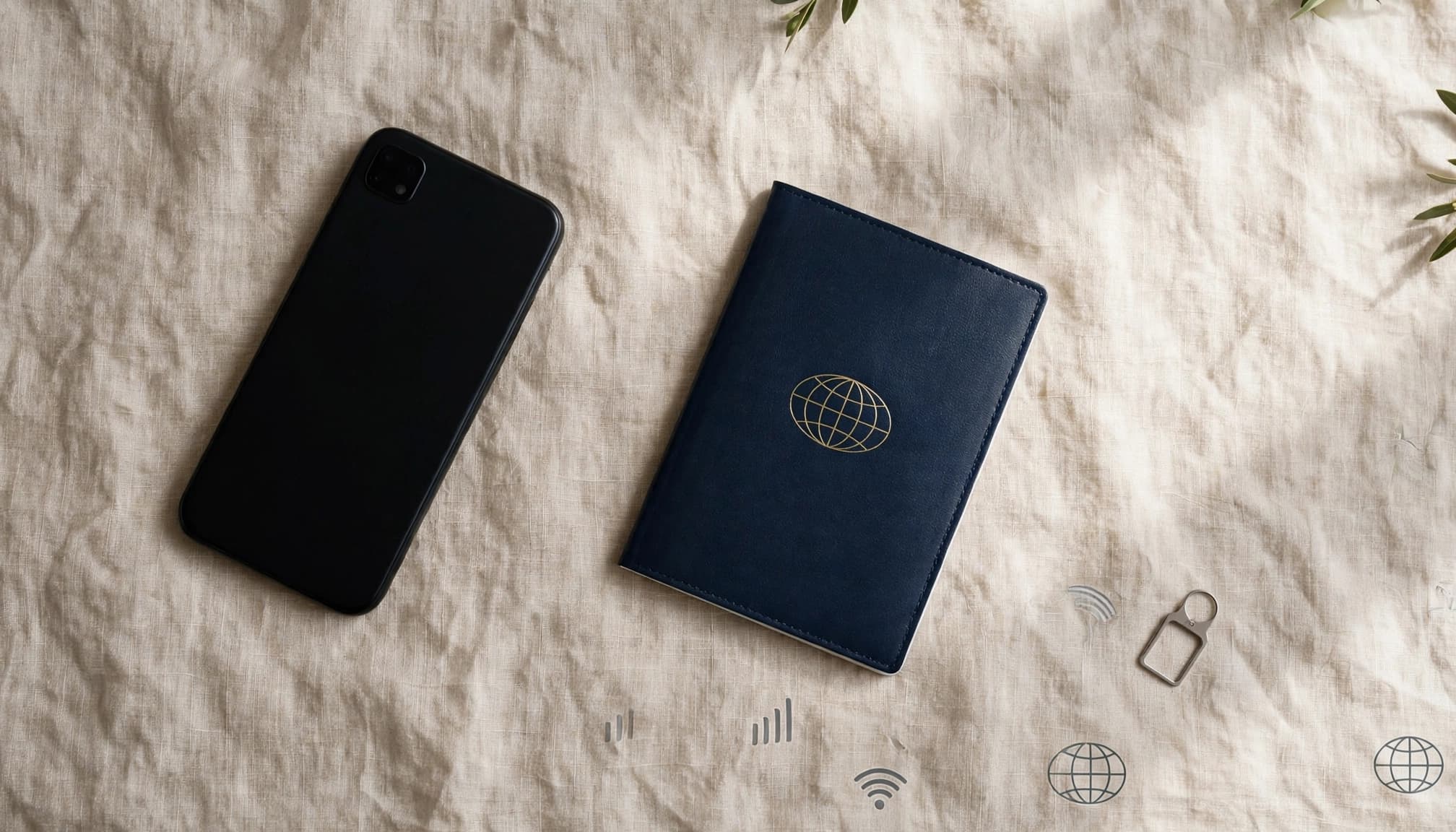 A smartphone, closed passport, and SIM tool arranged on an airport lounge table.