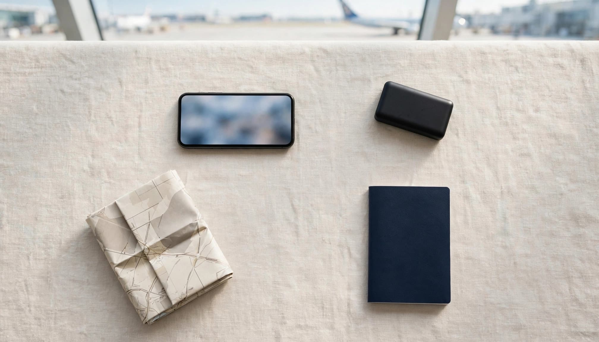 A smartphone, folded map, passport, and power bank arranged on an airport table.