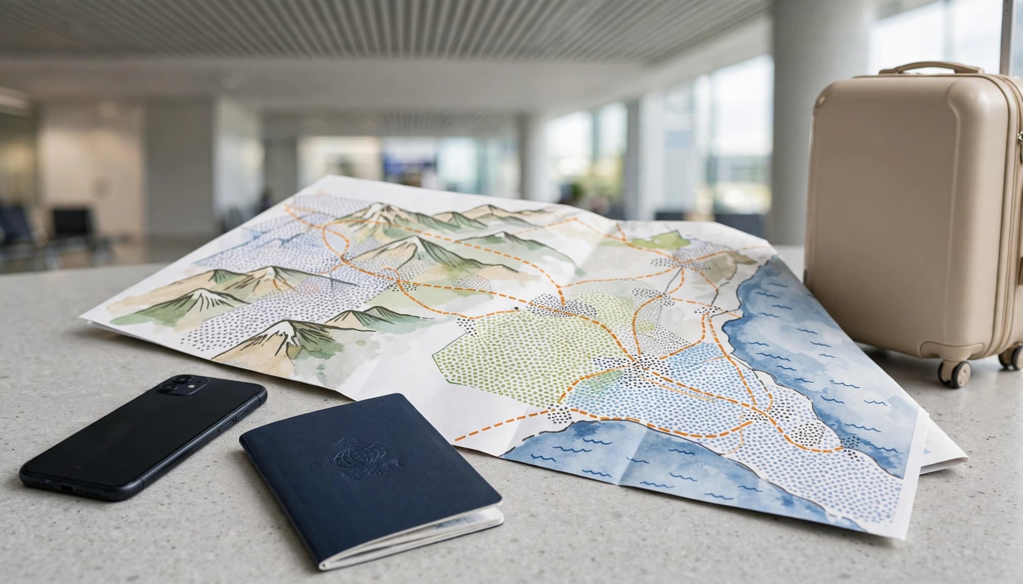A smartphone, passport, suitcase, and abstract coverage map in an airport arrival area.