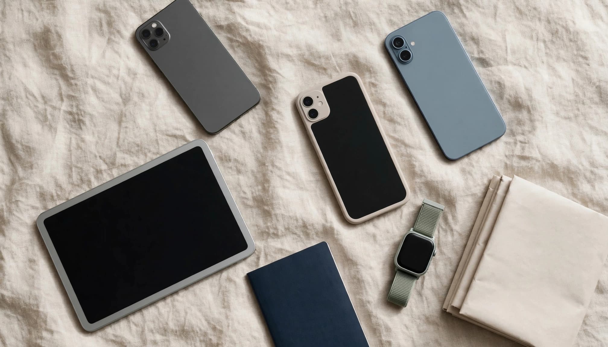 Smartphones, a tablet, and a smartwatch arranged beside a passport and folded map.