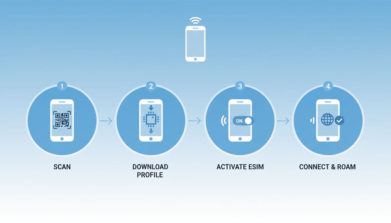 A detailed close-up infographic illustrating the step-by-step process of installing a travel eSIM profile on a modern smartphone, featuring clean icons and minimal labels on a soft blue and white background.