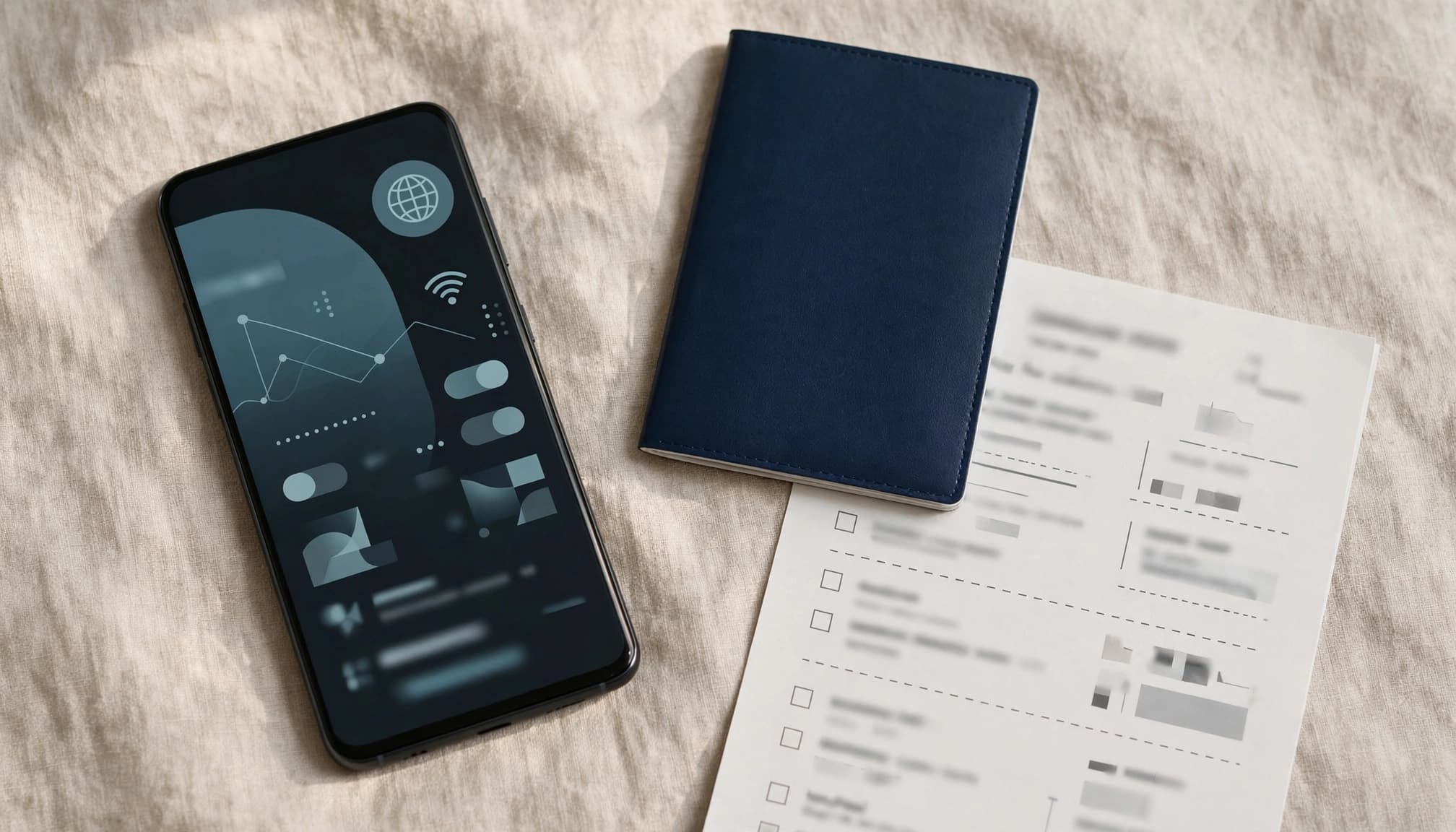 A smartphone beside a passport and travel itinerary on a sunlit table.