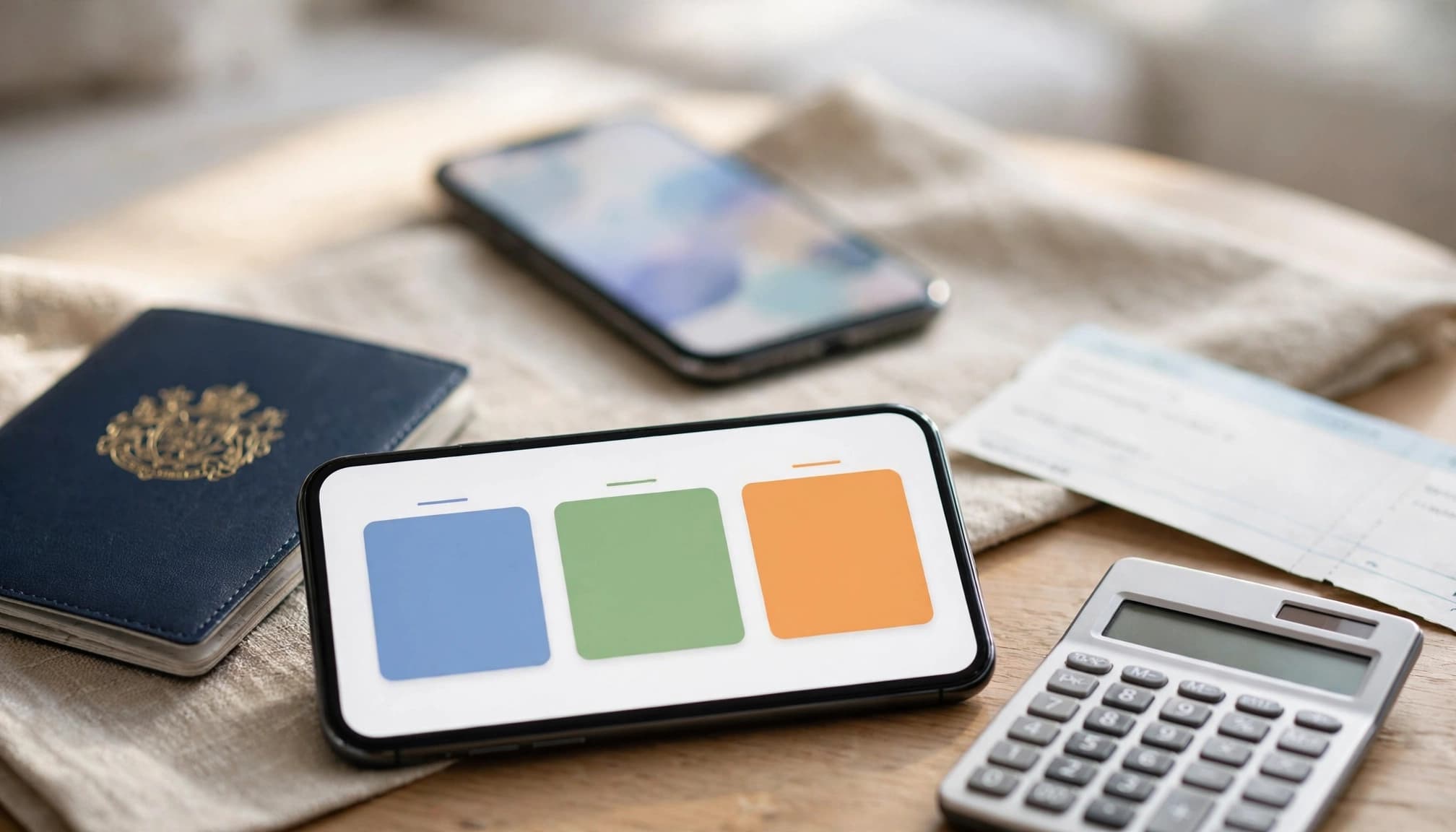 A smartphone with colored plan cards sits beside travel documents and a calculator.