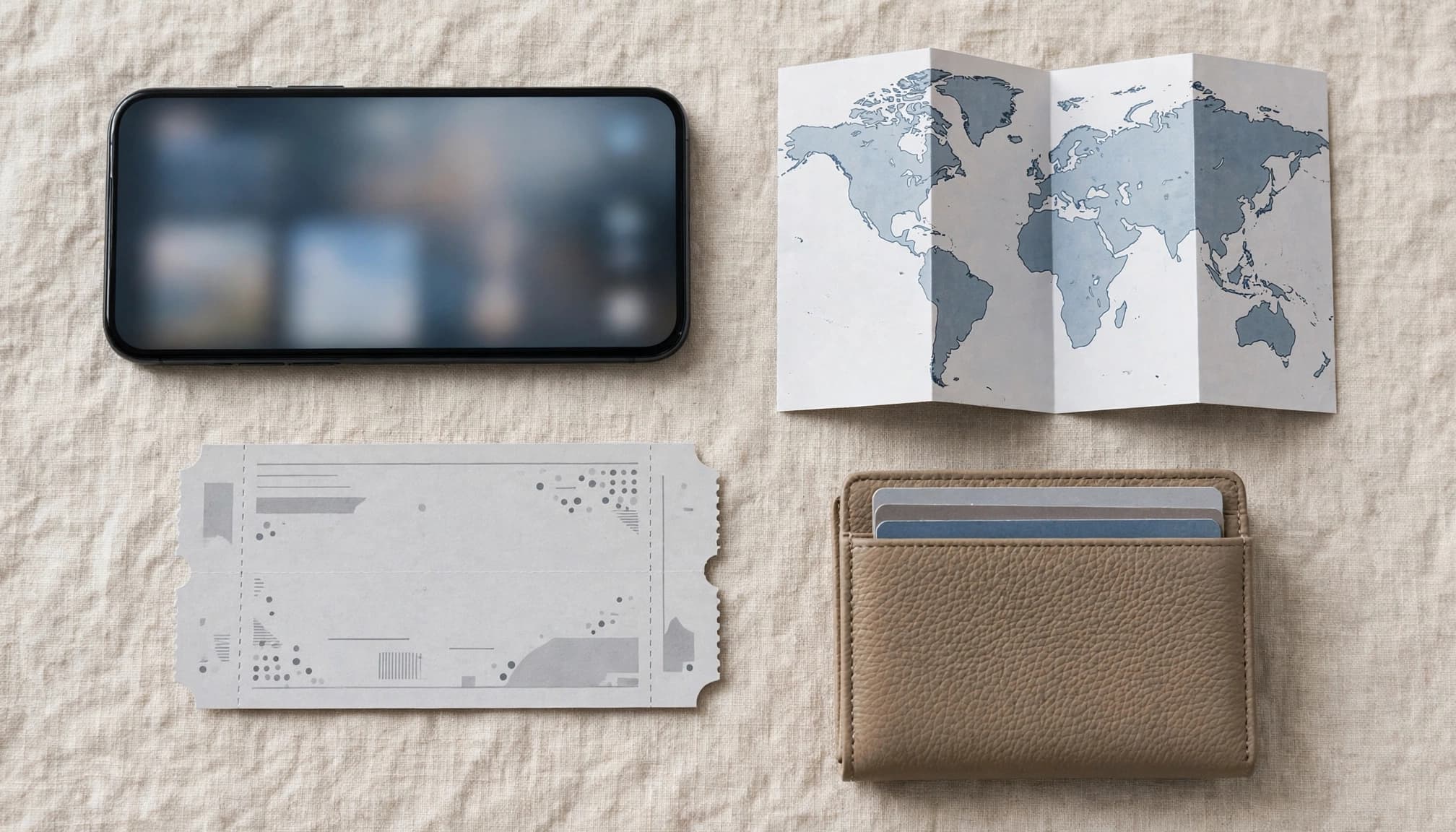 A smartphone, world map, transit ticket, and travel wallet on a lounge table.